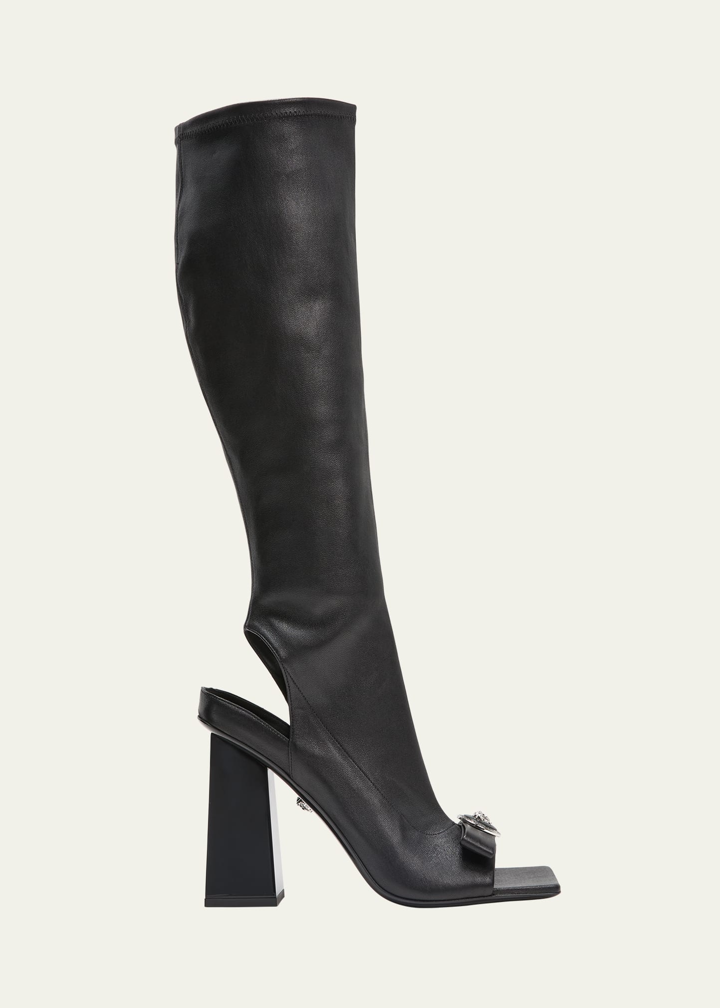 Shop Versace Gianni Ribbon Leather Open-toe Boots In Black Palladium