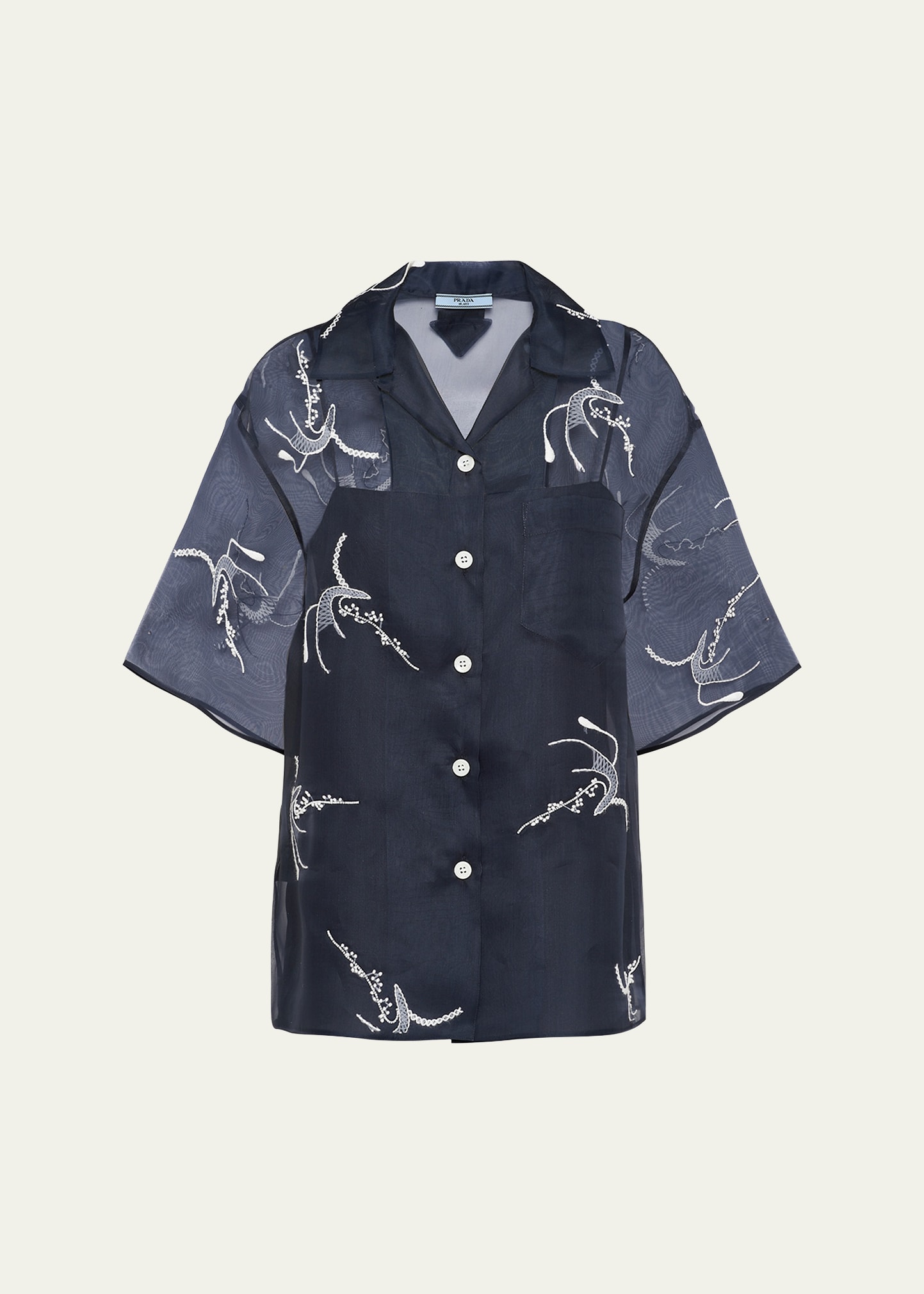 Shop Prada Floral Organza Button Down Silk Shirt In F0021 Inchiostro