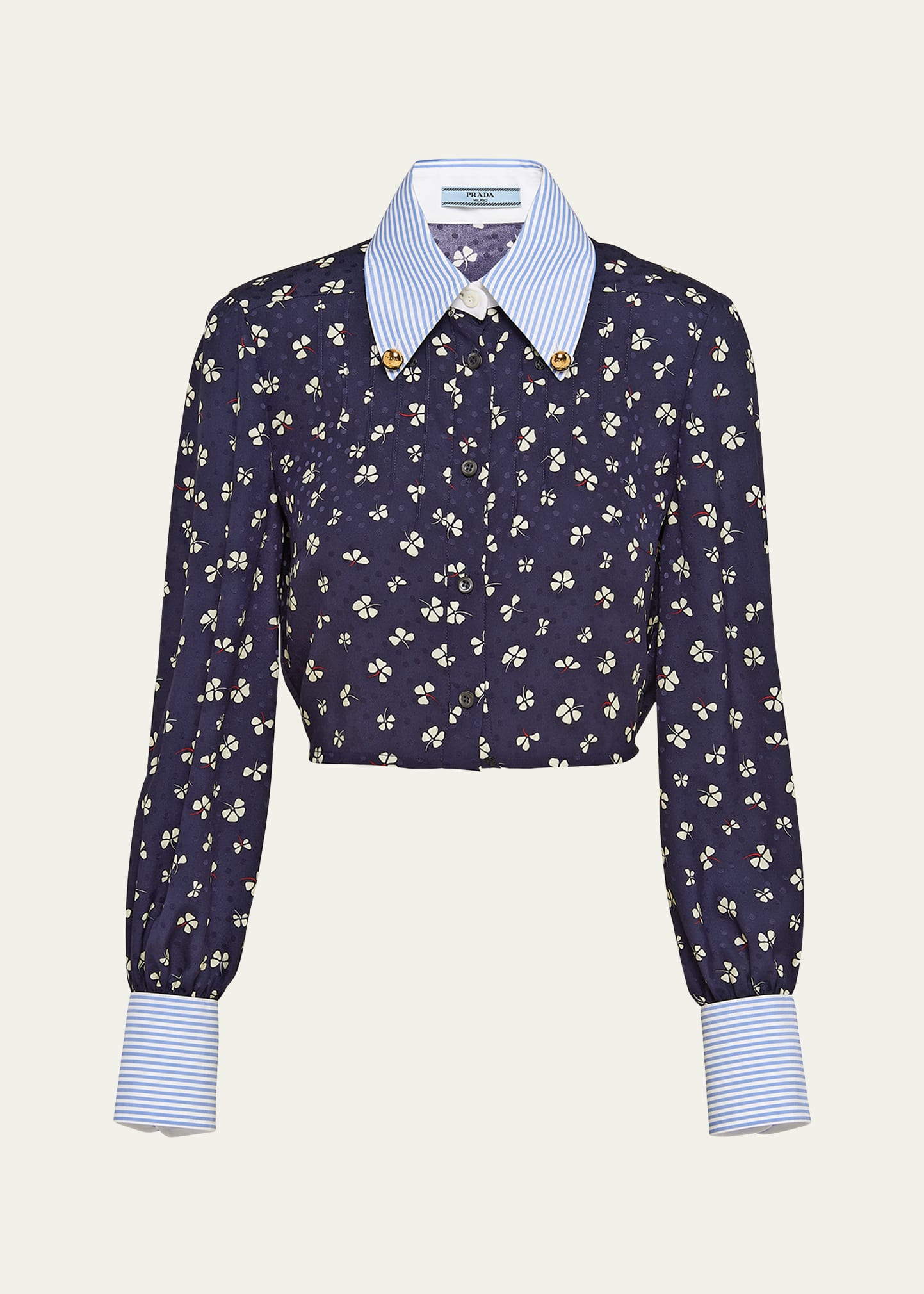 Shop Prada Mixed-print Crop Button Down Silk Shirt In F0008 Bleu