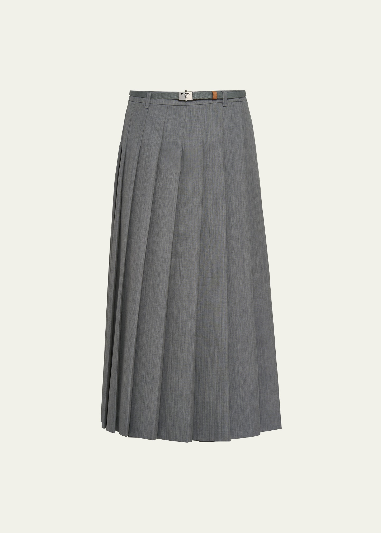Shop Prada Pleated Kid Mohair Belted Midi Skirt In F073x Granito