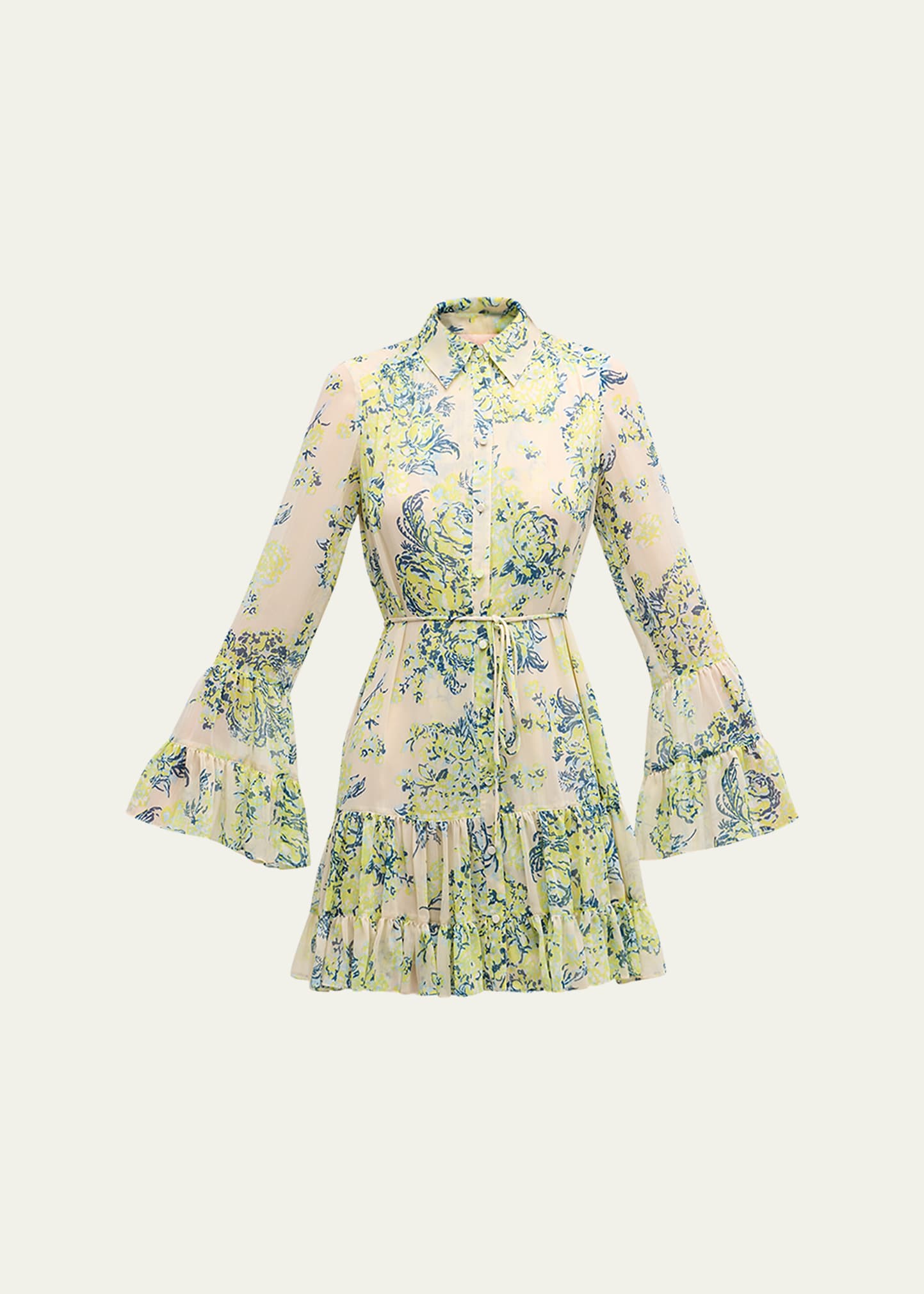 Shop Cinq À Sept Lyra Floral Bell-sleeve Mini Shirt Dress In Light Plaster Mul