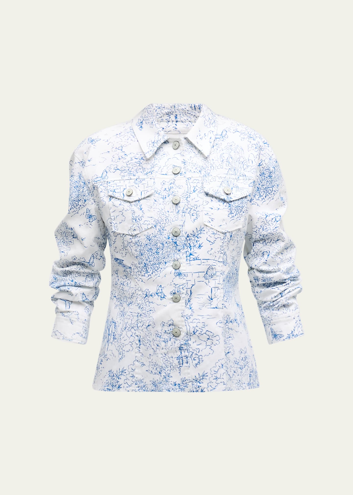Shop Cinq À Sept Canyon Garden Toile Scrunched-sleeve Cotton Jacket In Whiteblue
