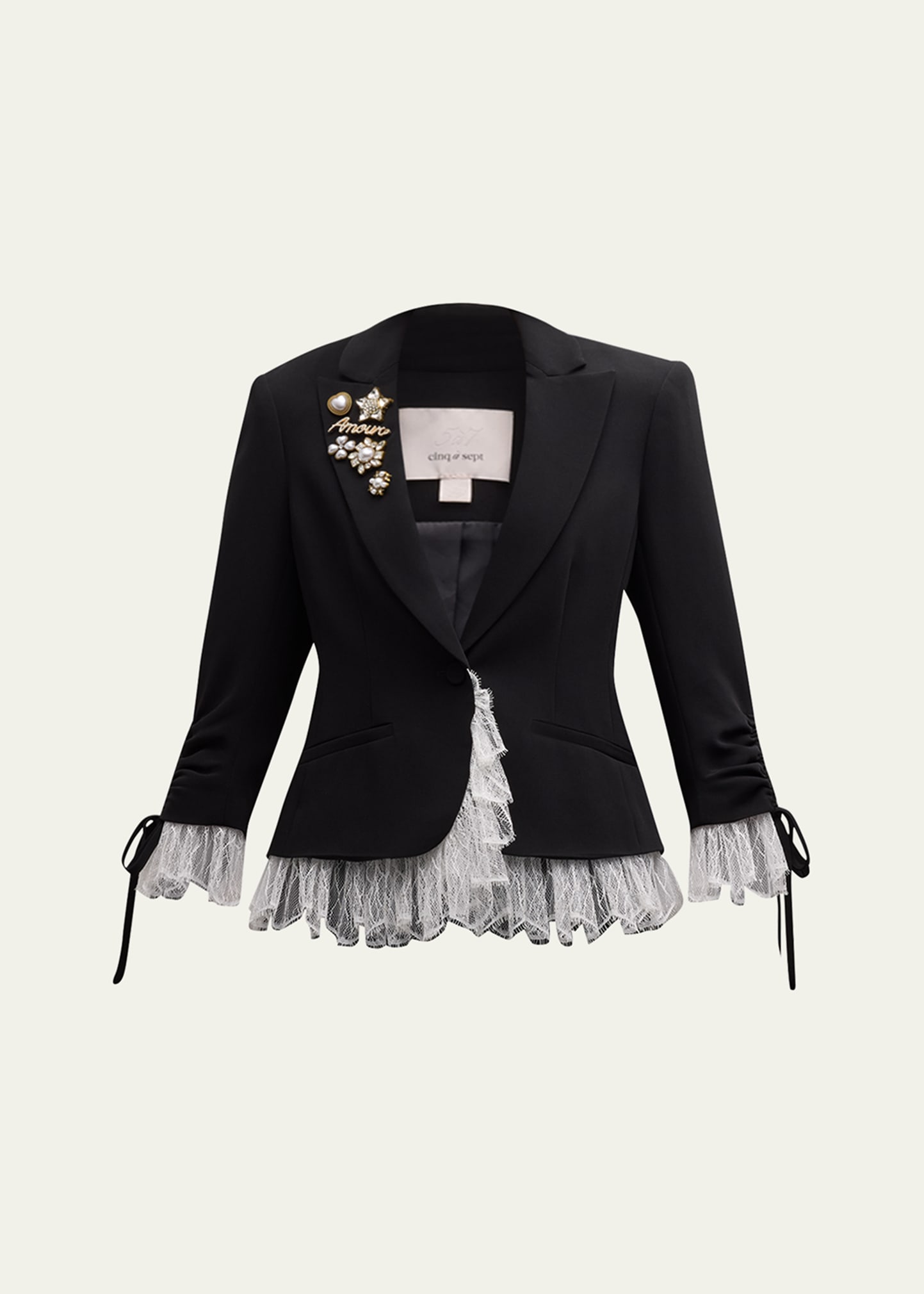 Shop Cinq À Sept Le Petit Lace And Brooch Roxie Blazer In Blackivory