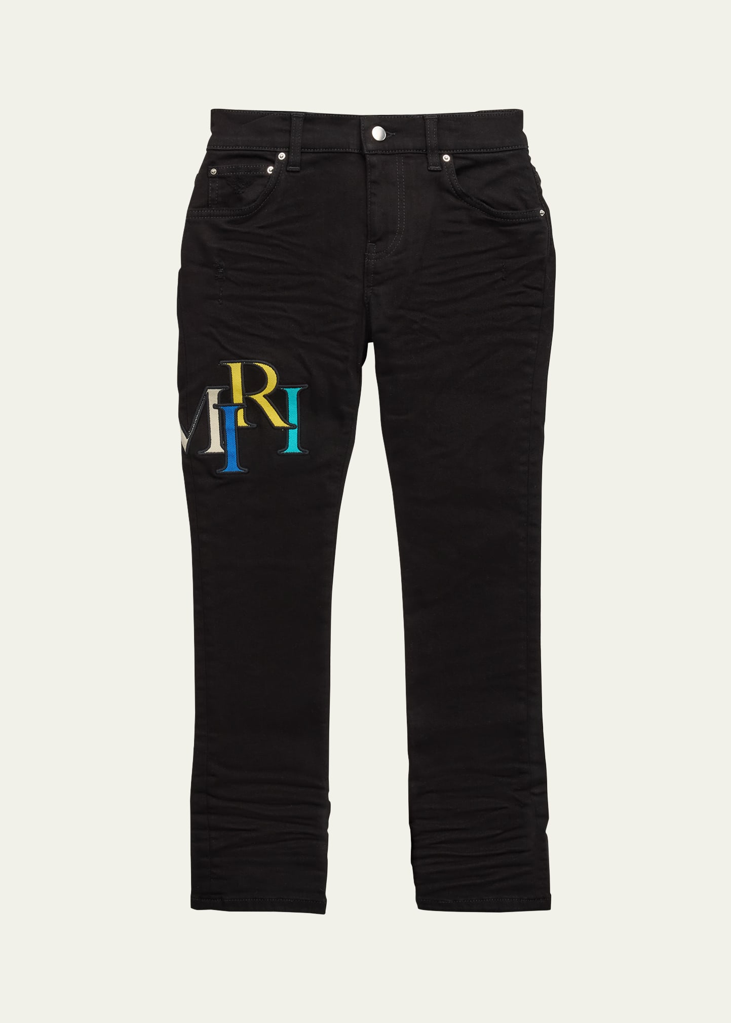 Shop Amiri Kid's Staggered Logo Straight-leg Denim Jeans In Od Black