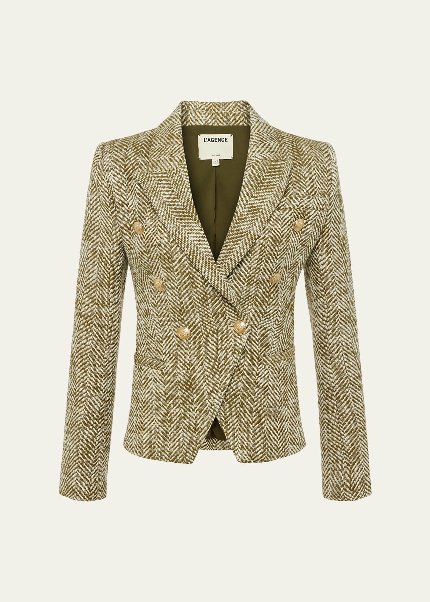 Shop L Agence Marie Herringbone Double-breasted Blazer In Armyecru Herringb