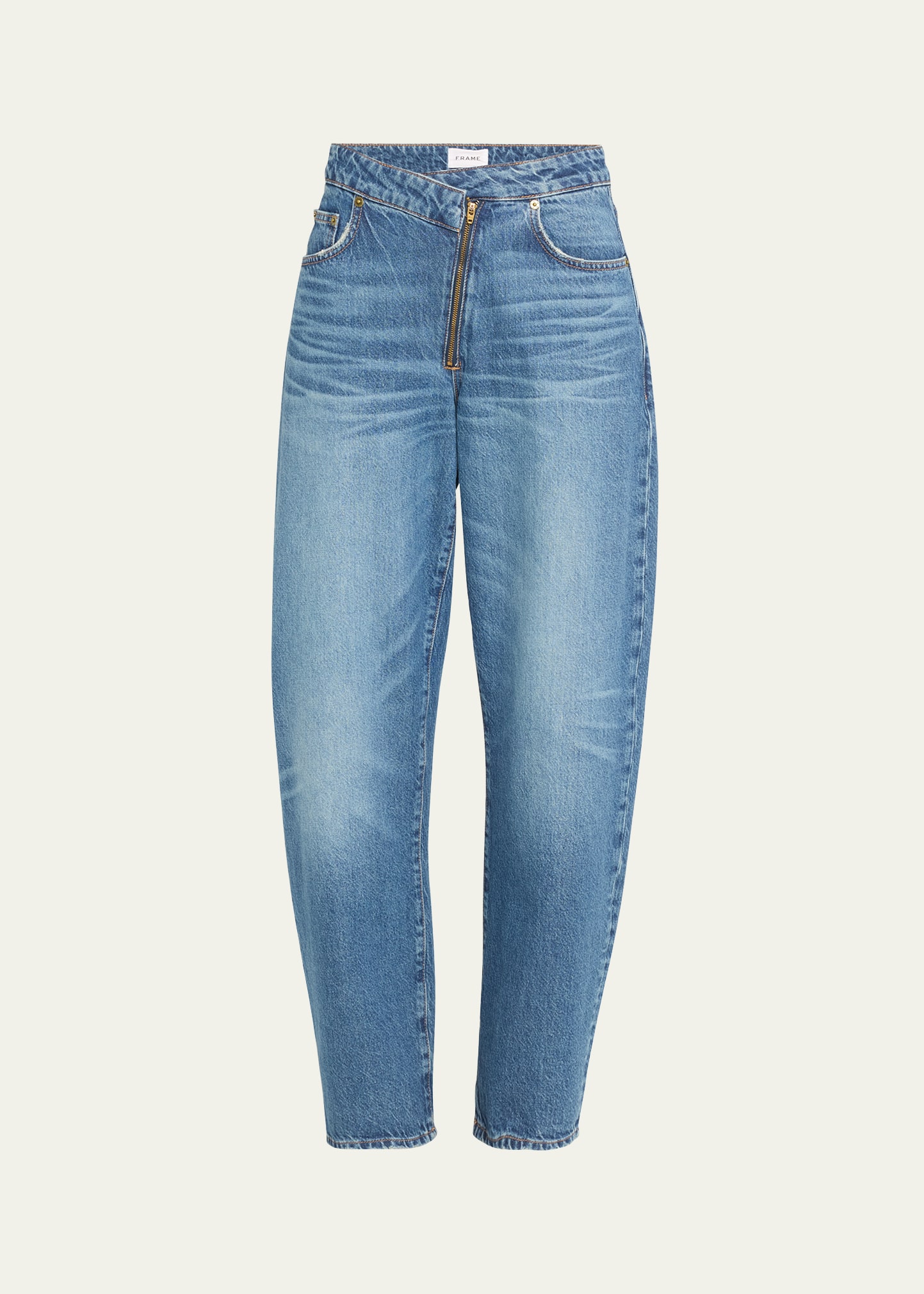 Angled-Zip Long Barrel Jeans