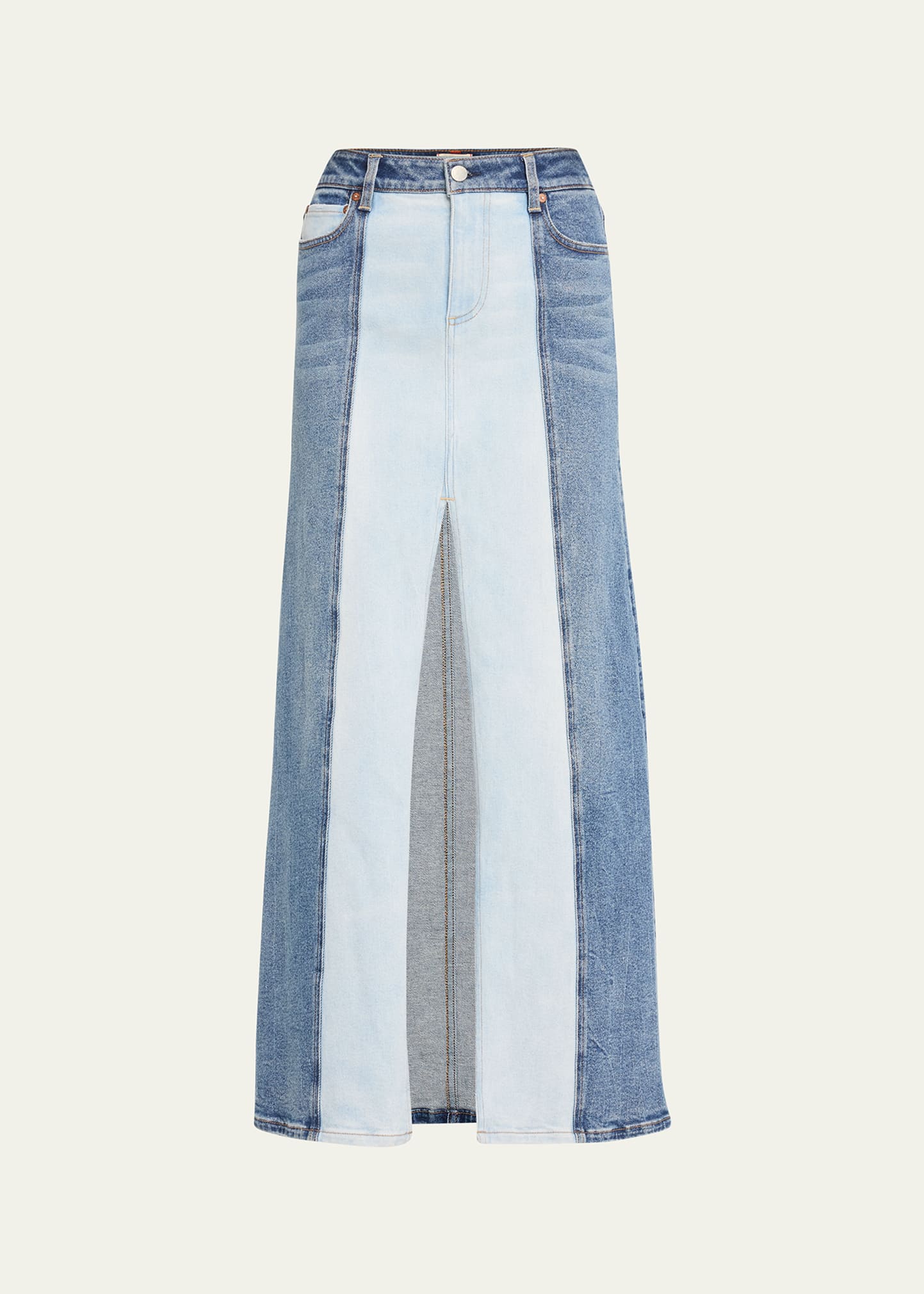 Alice And Olivia Rye Low-rise Two-tone Denim Maxi Skirt In Brooklyn Blue In Brooklyn Blue/geo