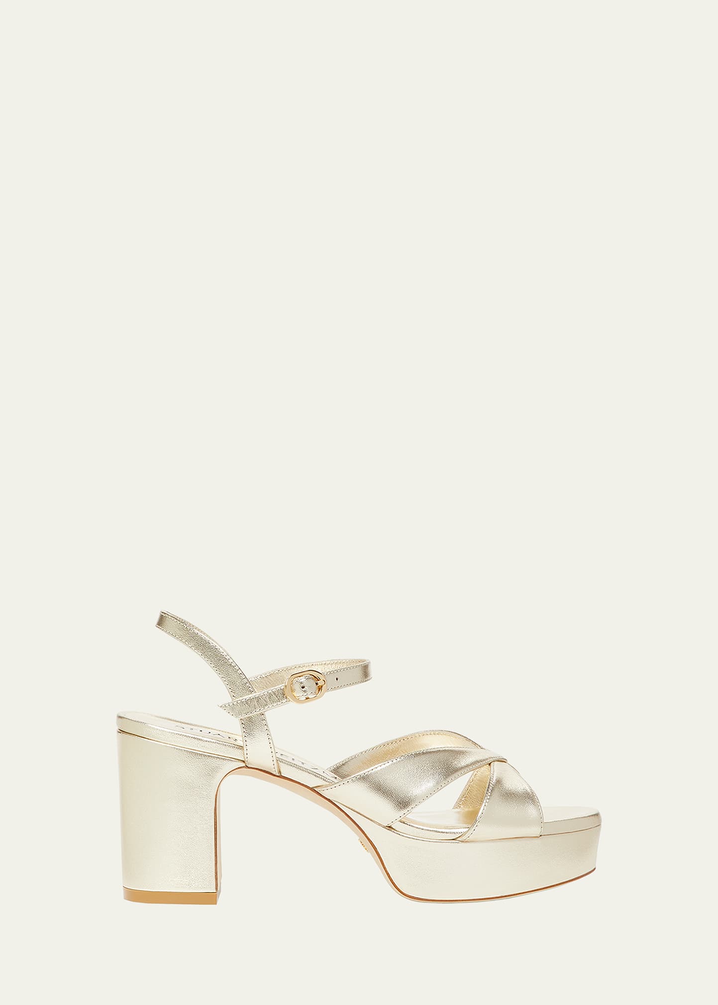 Stuart Weitzman Carmen Midi Metallic Crisscross Platform Sandals In Light Gold