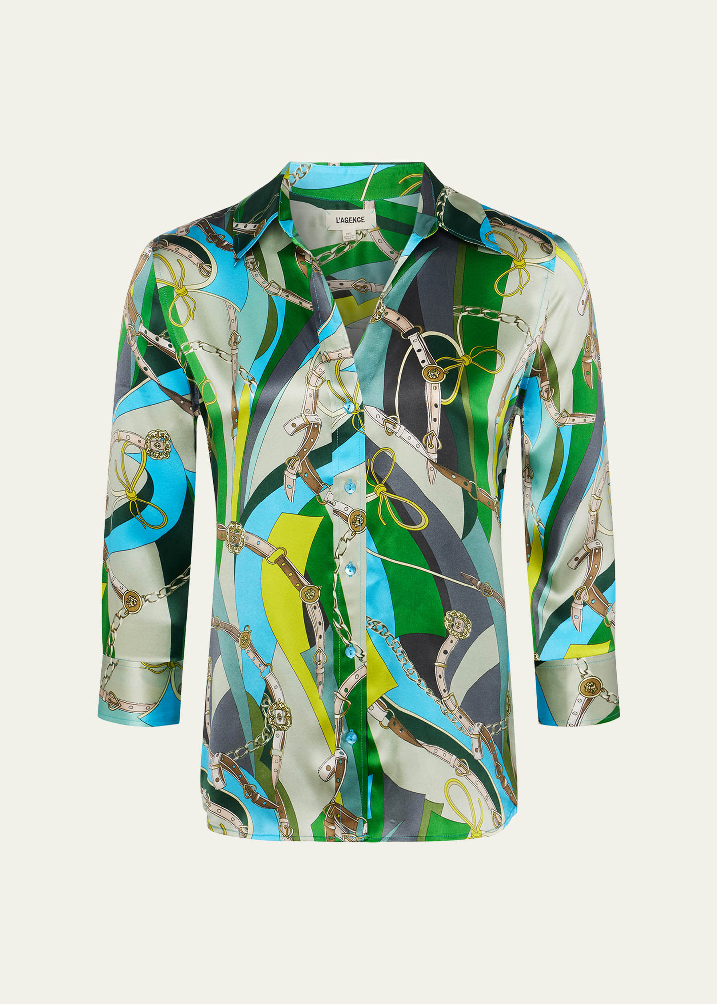 Shop L Agence Dani Belt Swirl Printed Silk Blouse In Sea Green Multi