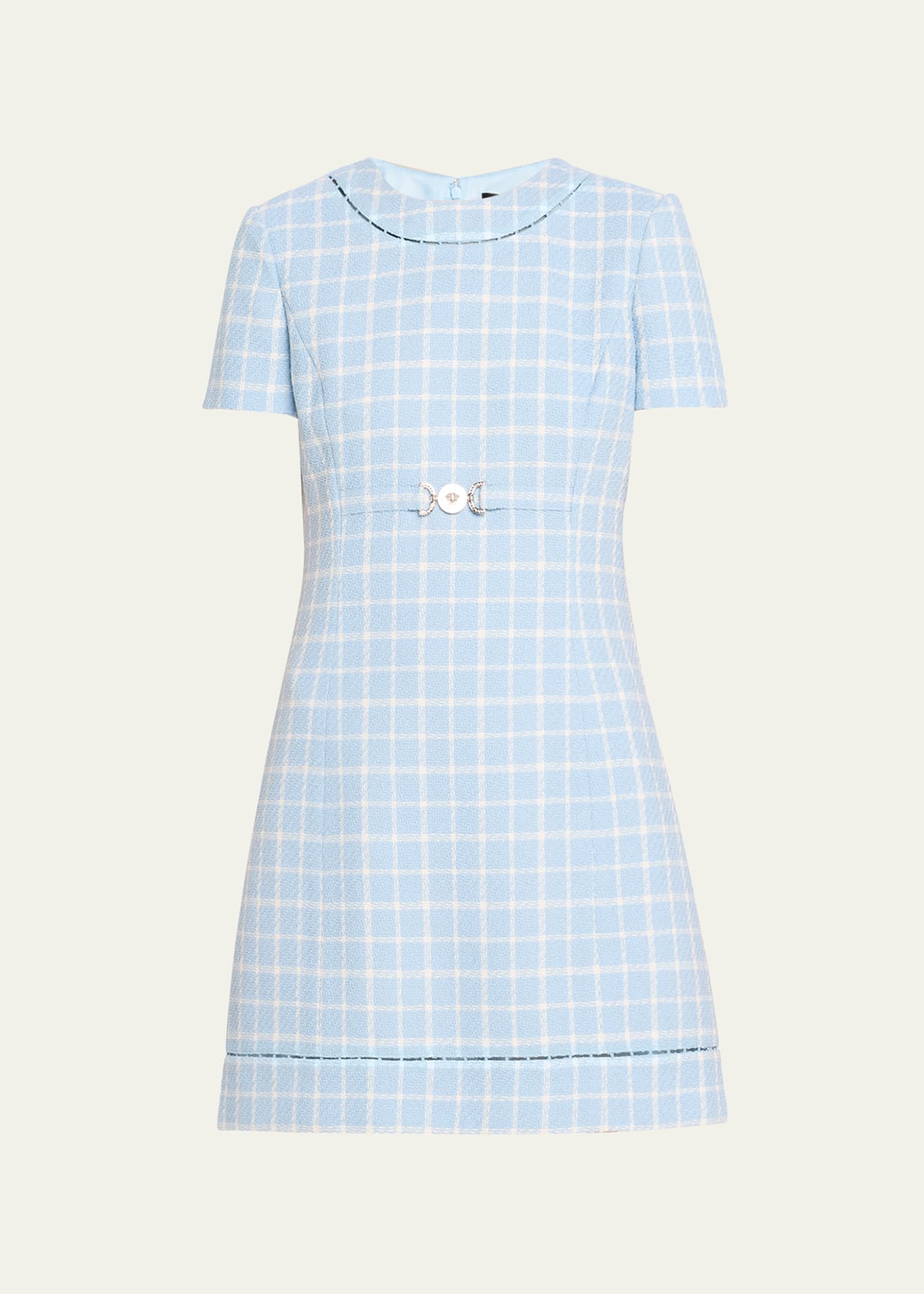 Shop Versace Checked Wool Crepe Mini Dress In Pastel Bluewhite