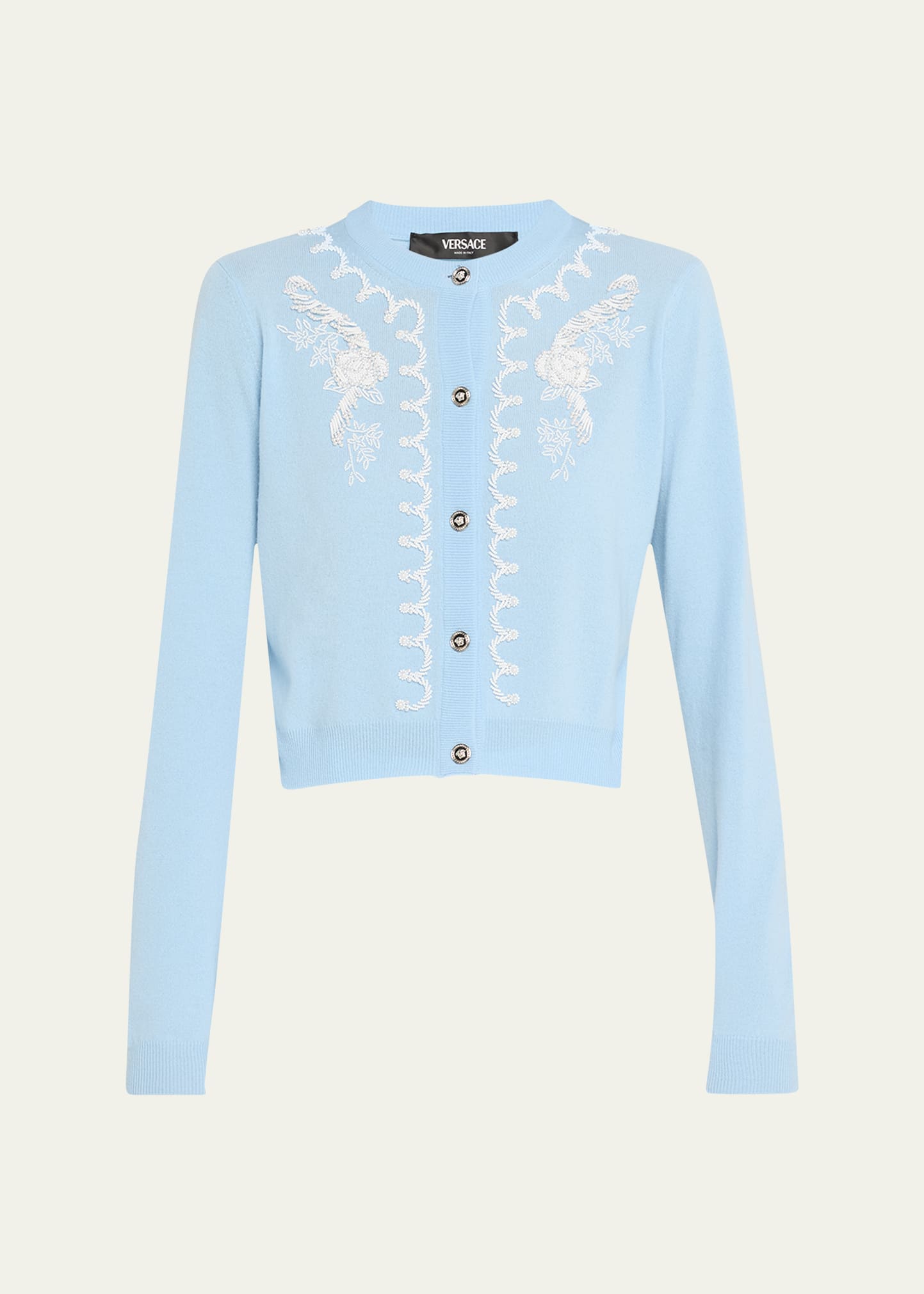 Shop Versace Wool Knit Embroidered Sweater In Pastel Blue