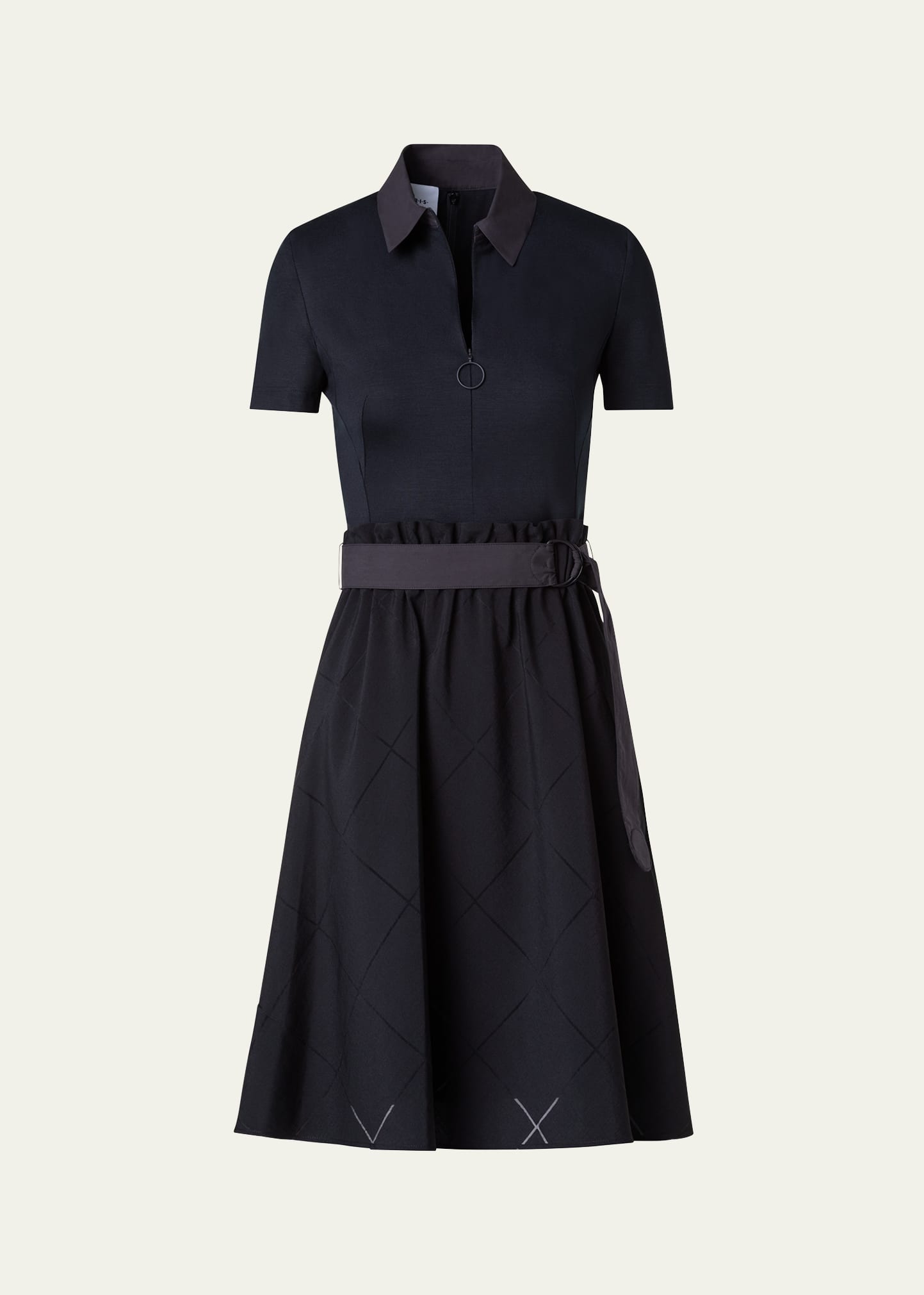 Mix-Media Belted Grid Organza Skirt Midi Dress