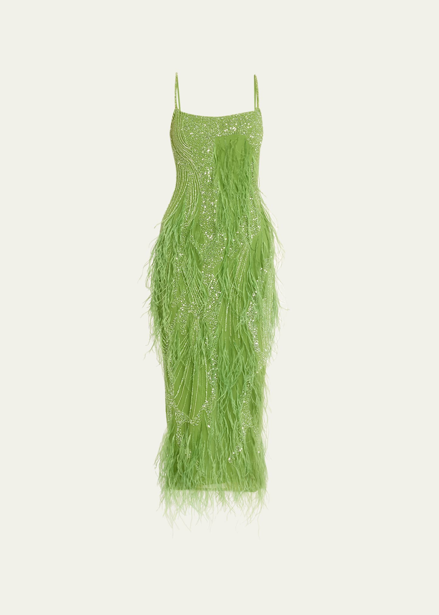 Rachel Gilbert Beaded Feathered Midi Dress In Emerald