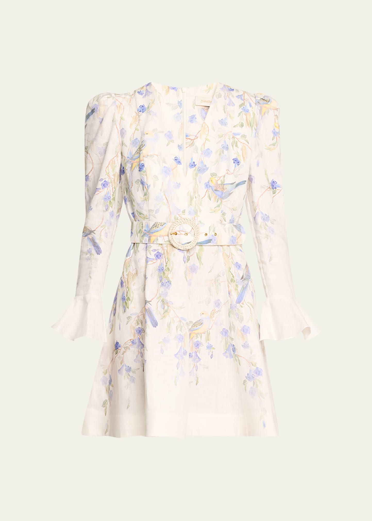Zimmermann Natura Floral Belted Linen Minidress in Blue Birds | Smart Closet