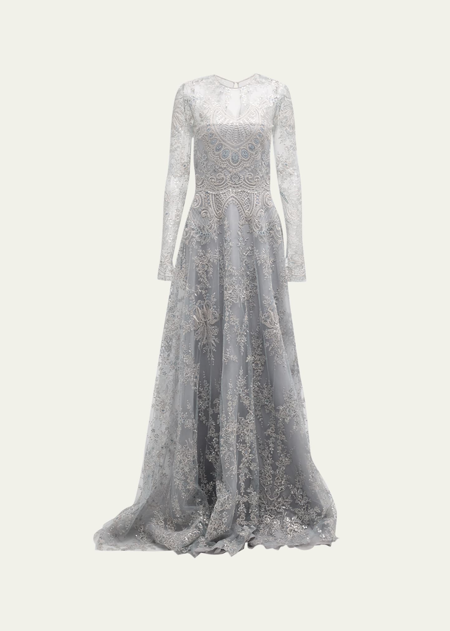 Naeem Khan Tattoo Lace Gown With Sheer Overlay In Blue