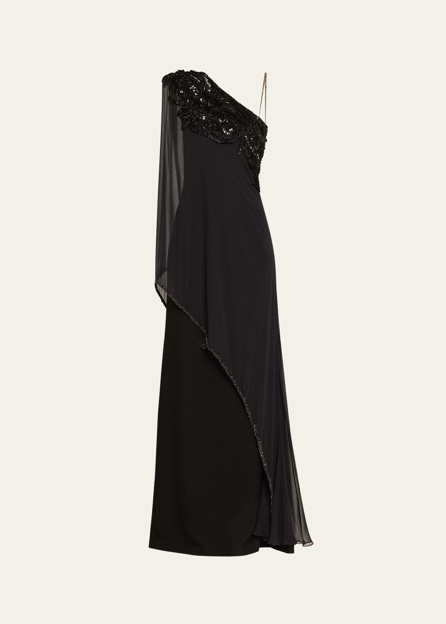 Naeem Khan Beaded One-shoulder Gown With Sheer Overlay In Black