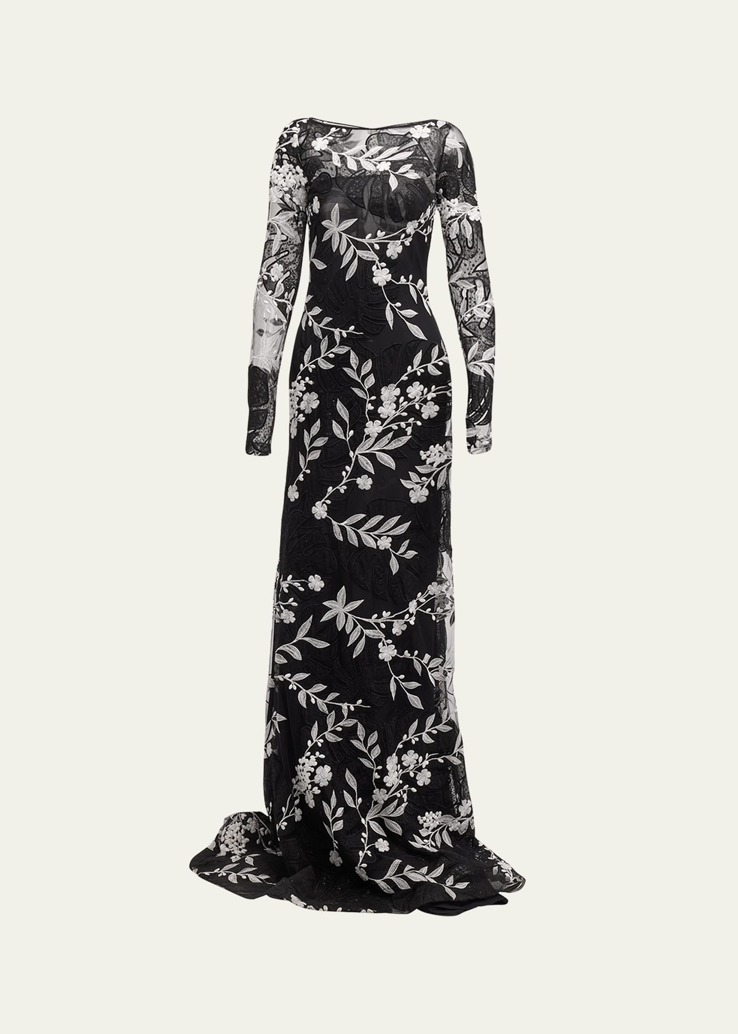 Naeem Khan Floral Embroidered Gown With Sheer Overlay In Blackwhite