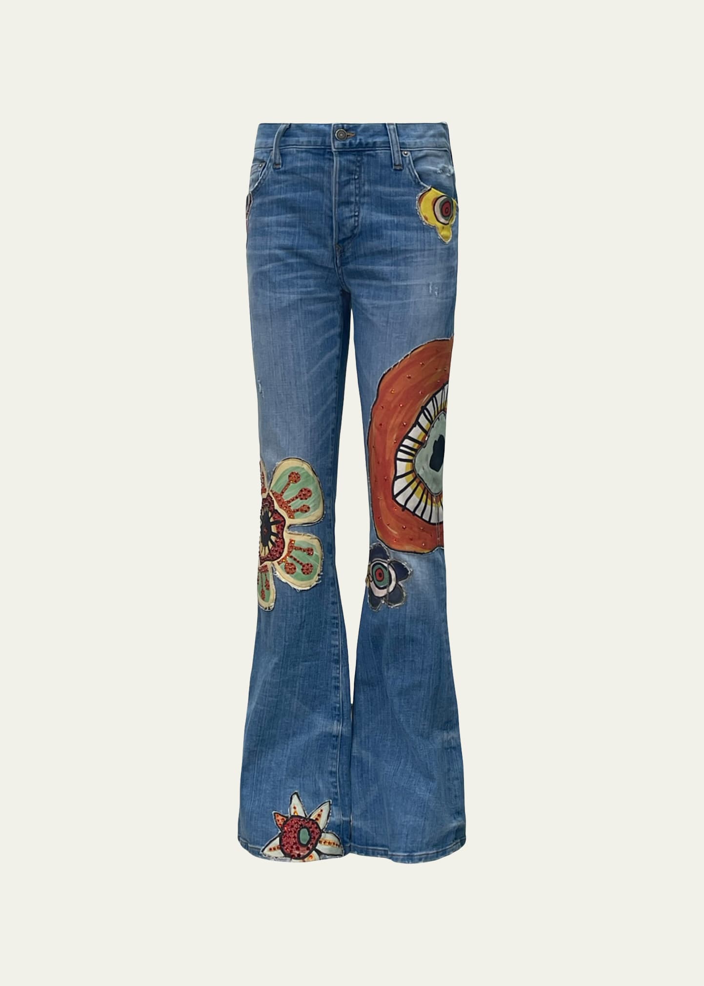 Cout De La Liberte Men's Vintage Flower Patchwork Flare Jeans