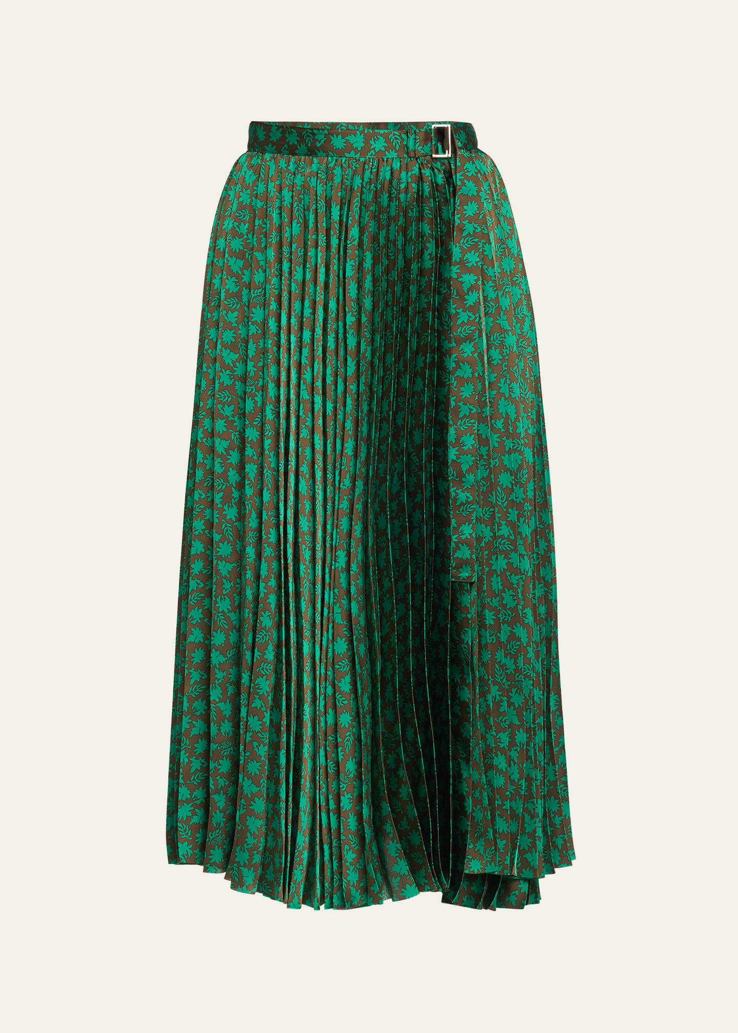 Sacai Micro Floral-print Pleated Midi Skirt In Green