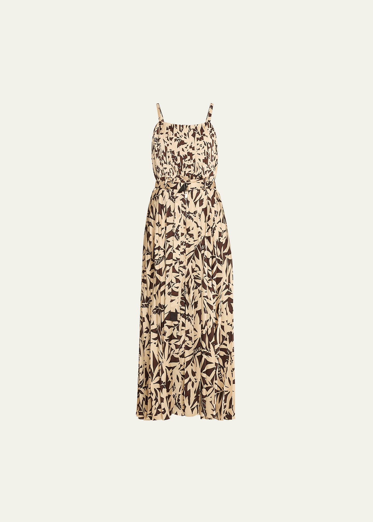 Sacai Leaf-print Pleated Maxi Dress With Belt In Beige X Brown