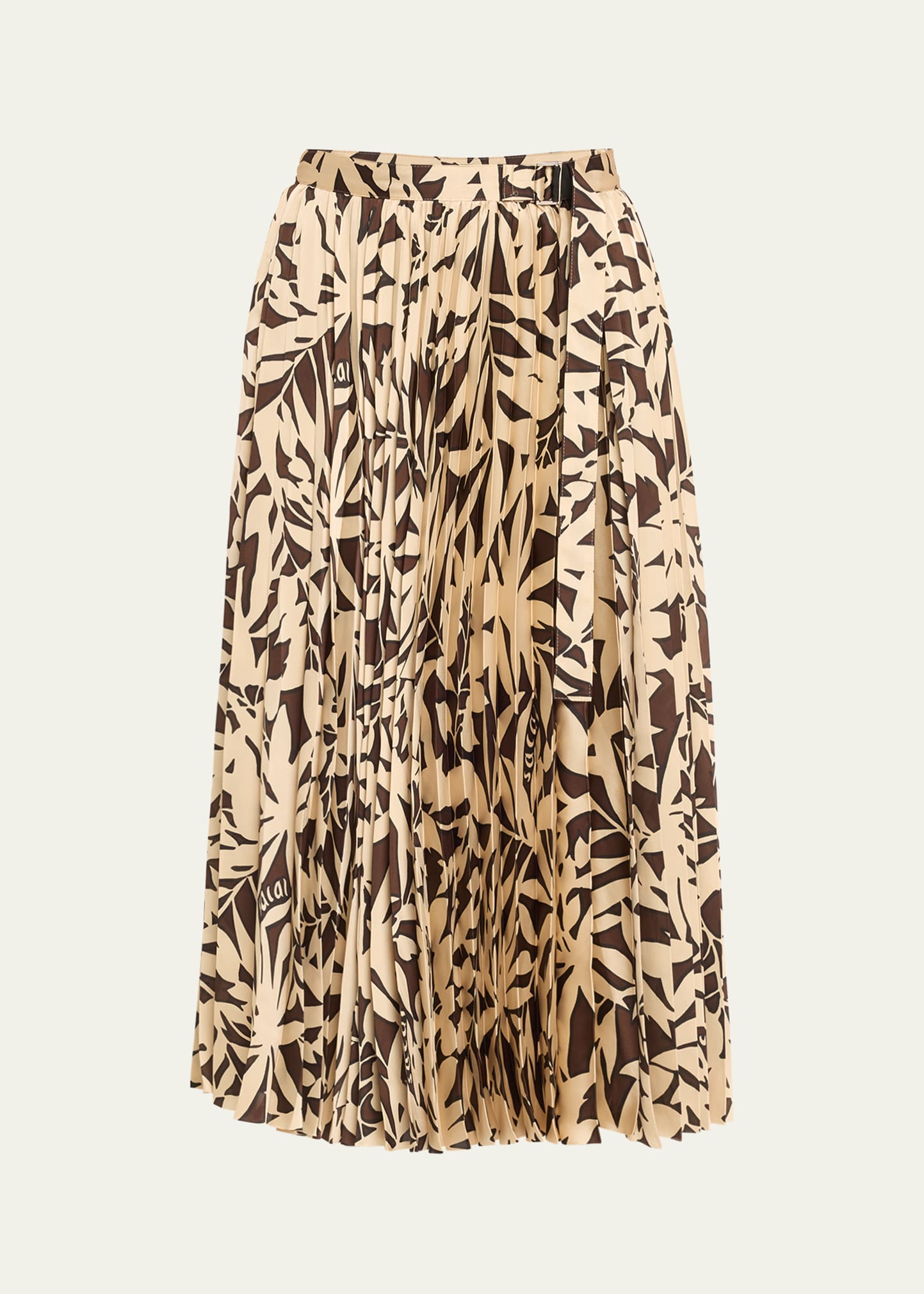 Shop Sacai Leaf-print Pleated Midi Skirt In Beige X Brown