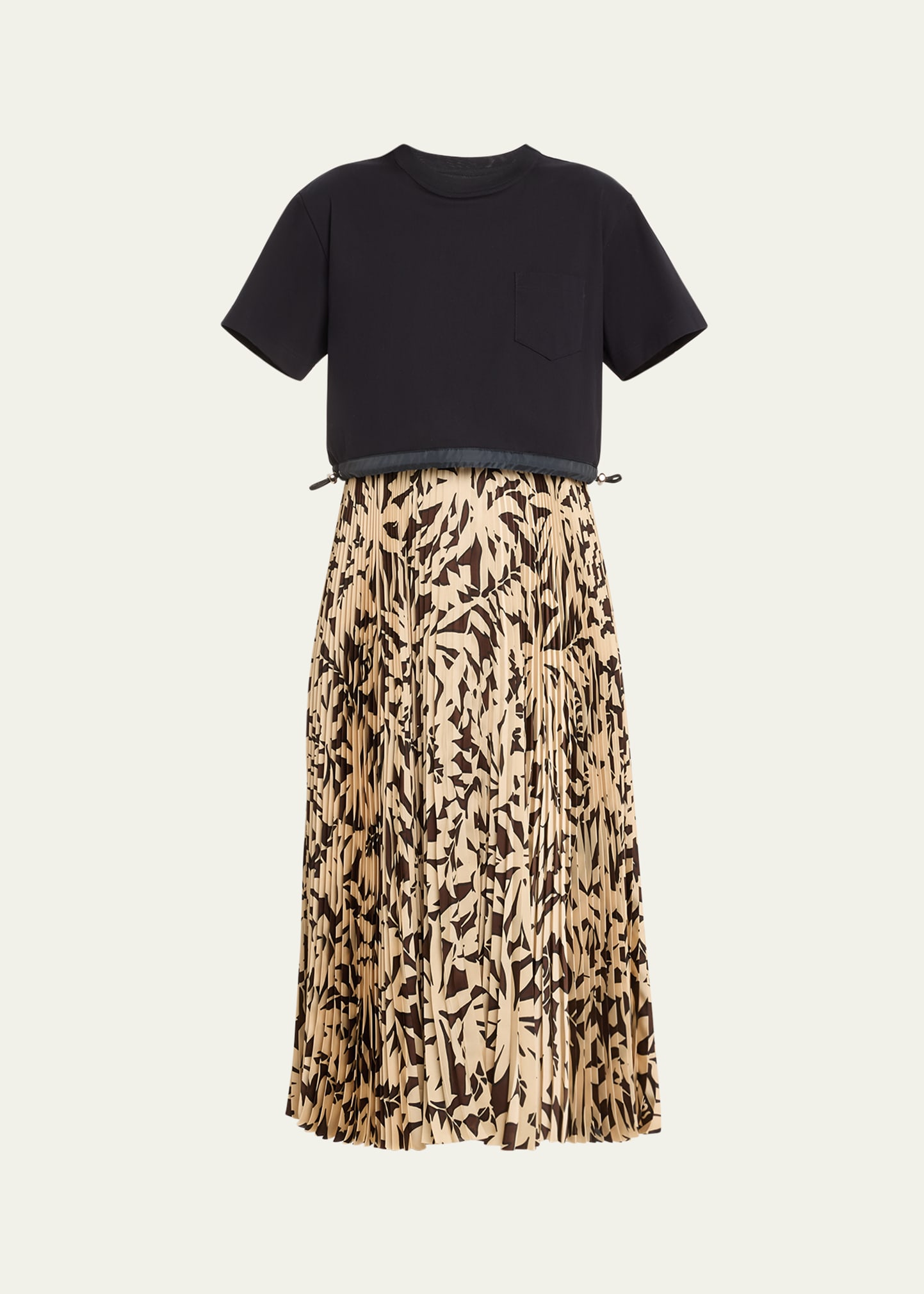 Shop Sacai T-shirt Dress With Leaf-print Pleated Skirt In Beige X Brown