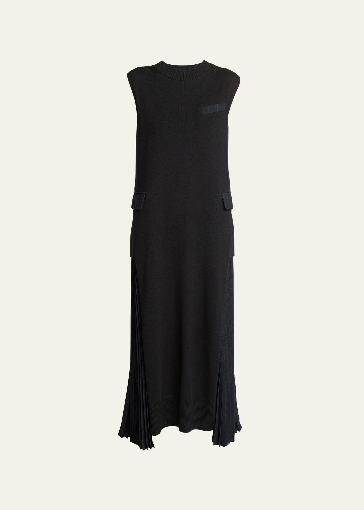 Sleeveless Mock-Neck Pleated Midi Dress with Pocket Detail