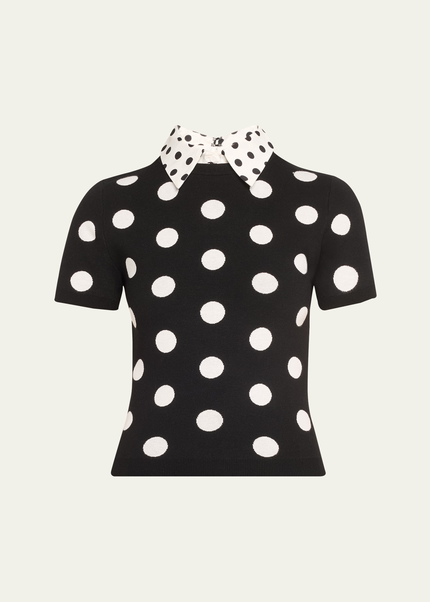 Shop Alice And Olivia Aster Polka-dot Short-sleeve Collared Pullover In Blacksoft White
