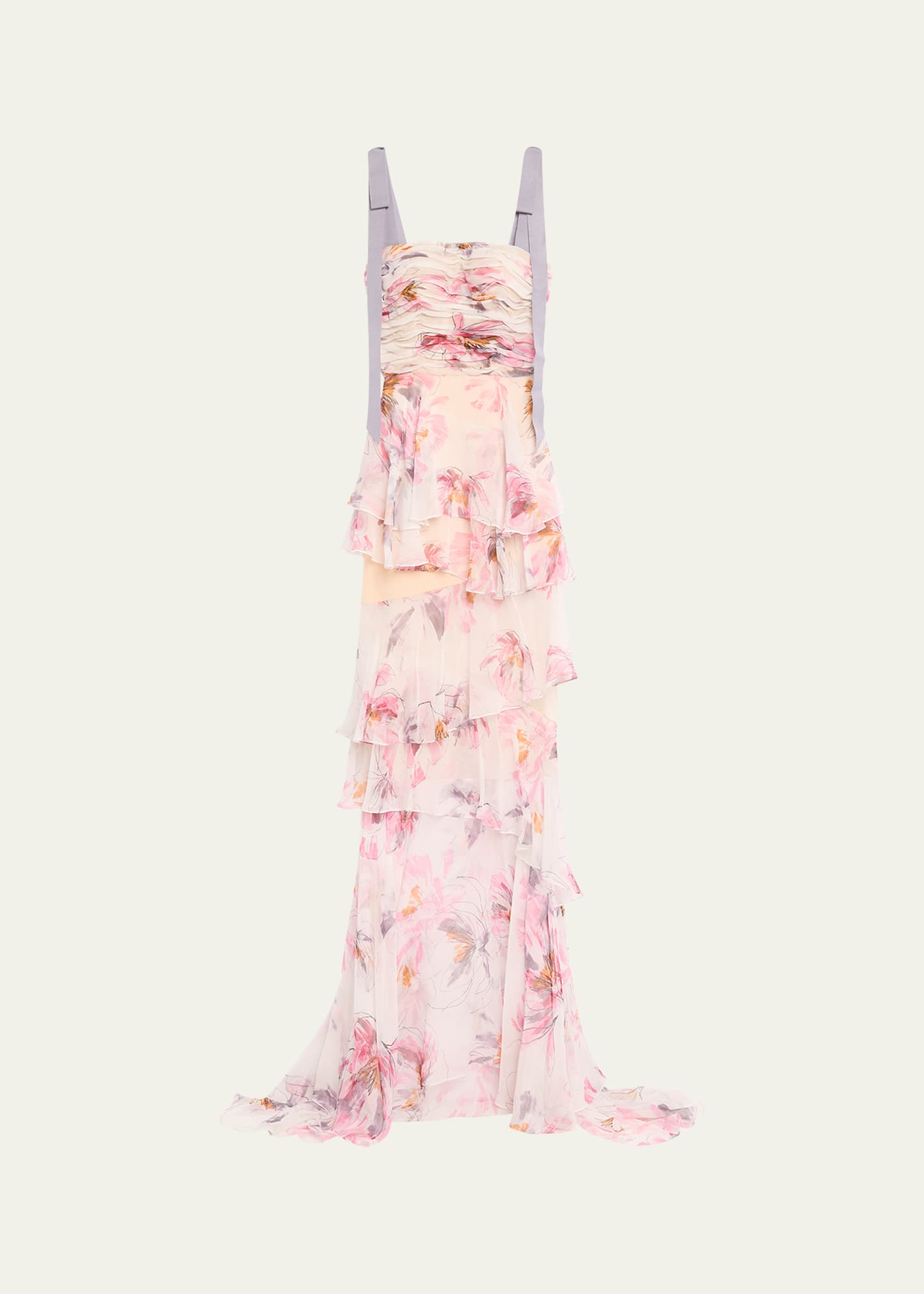 Pintucked Floral Print Bustier Gown with Bow Details