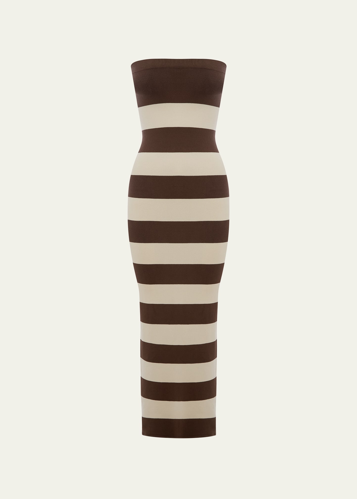 Shop Posse Theo Strapless Two-tone Stripe Maxi Dress In Chocolate/cream