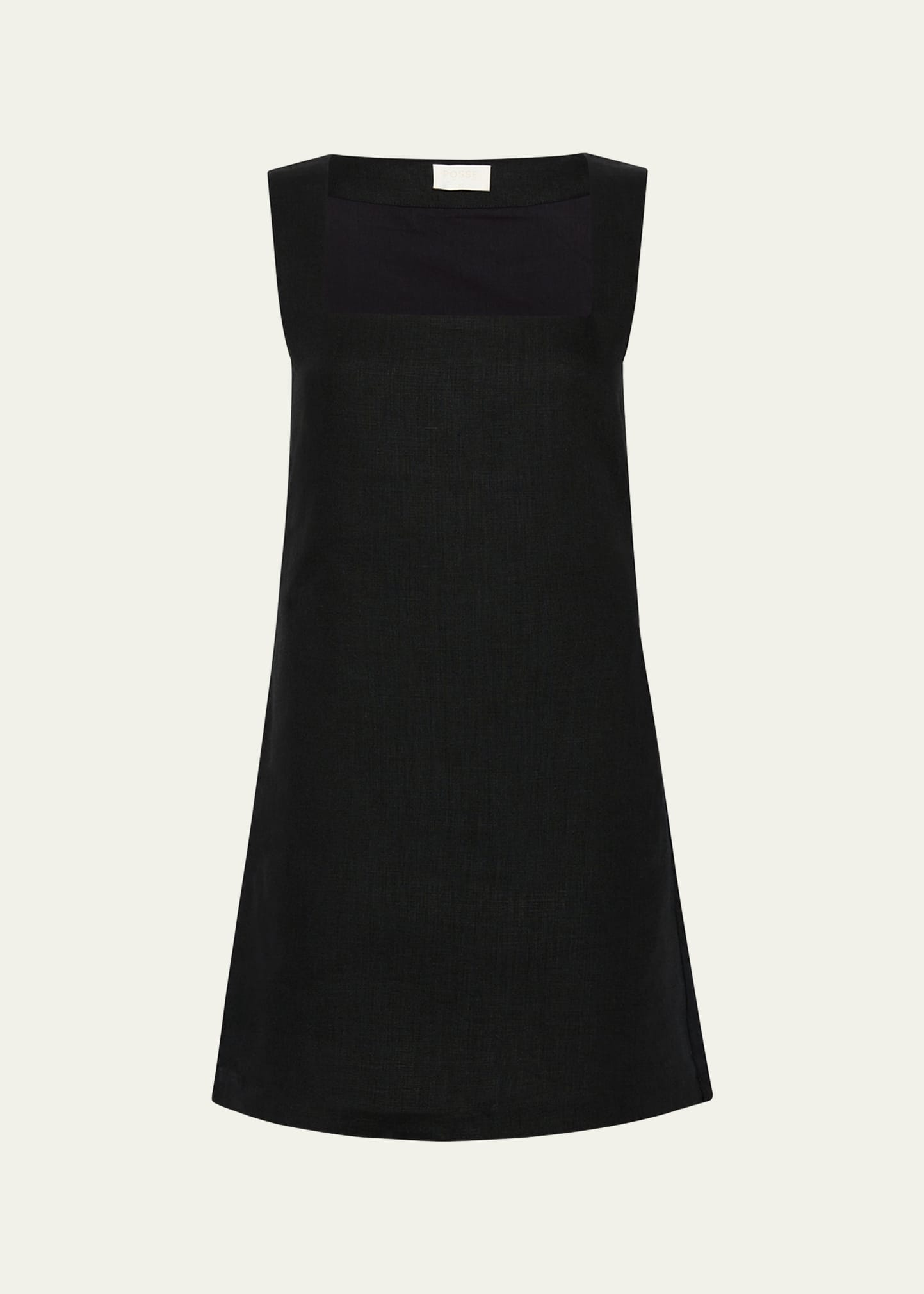Shop Posse Alice Sleeveless Square-neck Linen Mini Dress In Black