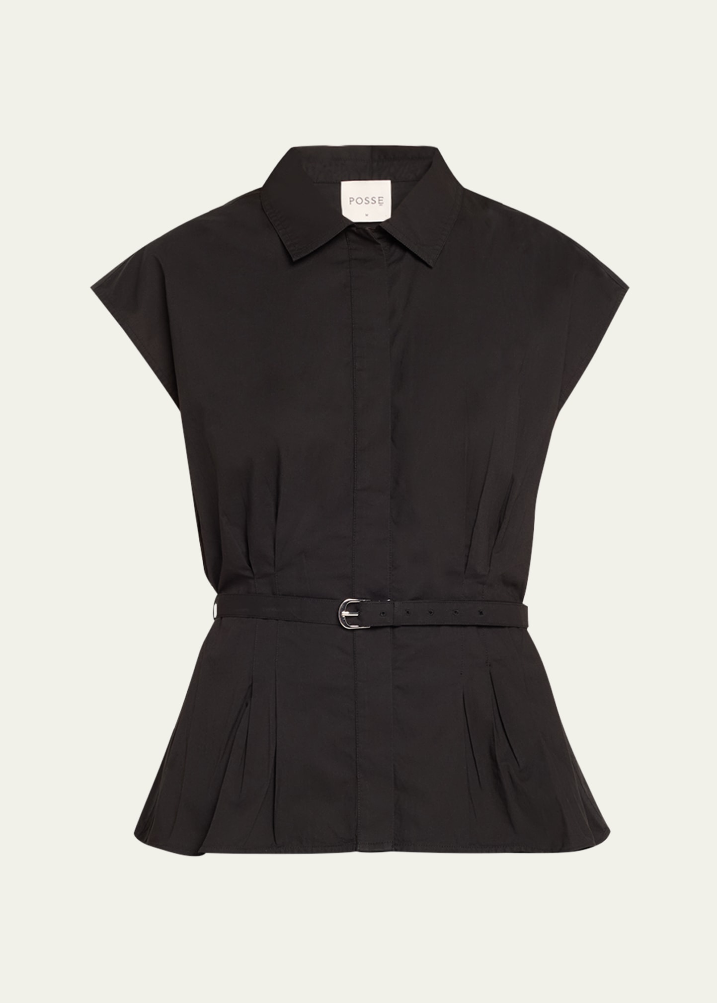 Posse Juno Short-sleeve Button-front Belted Cotton Shirt In Black