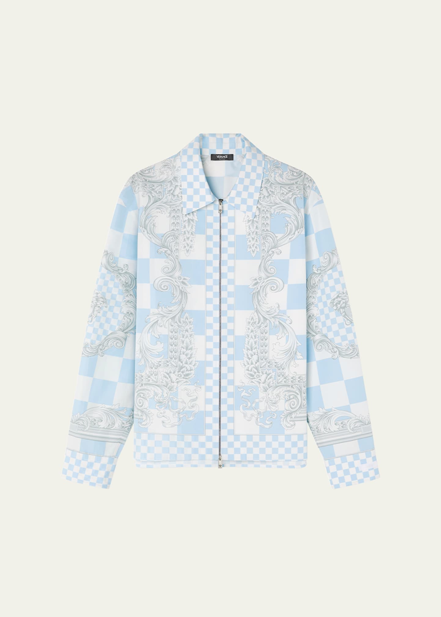 Shop Versace Men's Checkered Medusa Zip Jacket In Pastel Bluewhites
