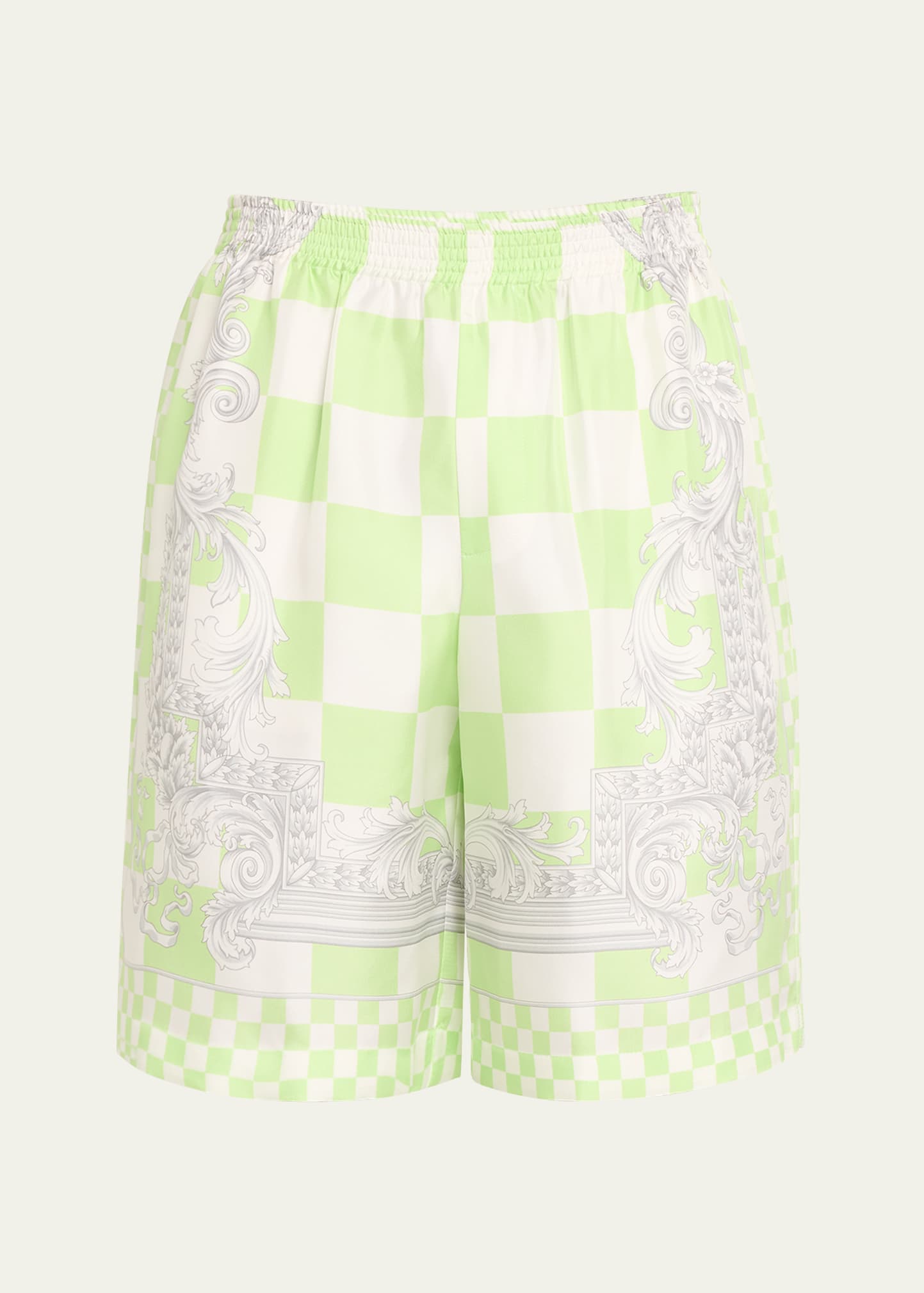 Versace Silk Medusa Shorts With Elastic Waistband In Mintwhitesilver