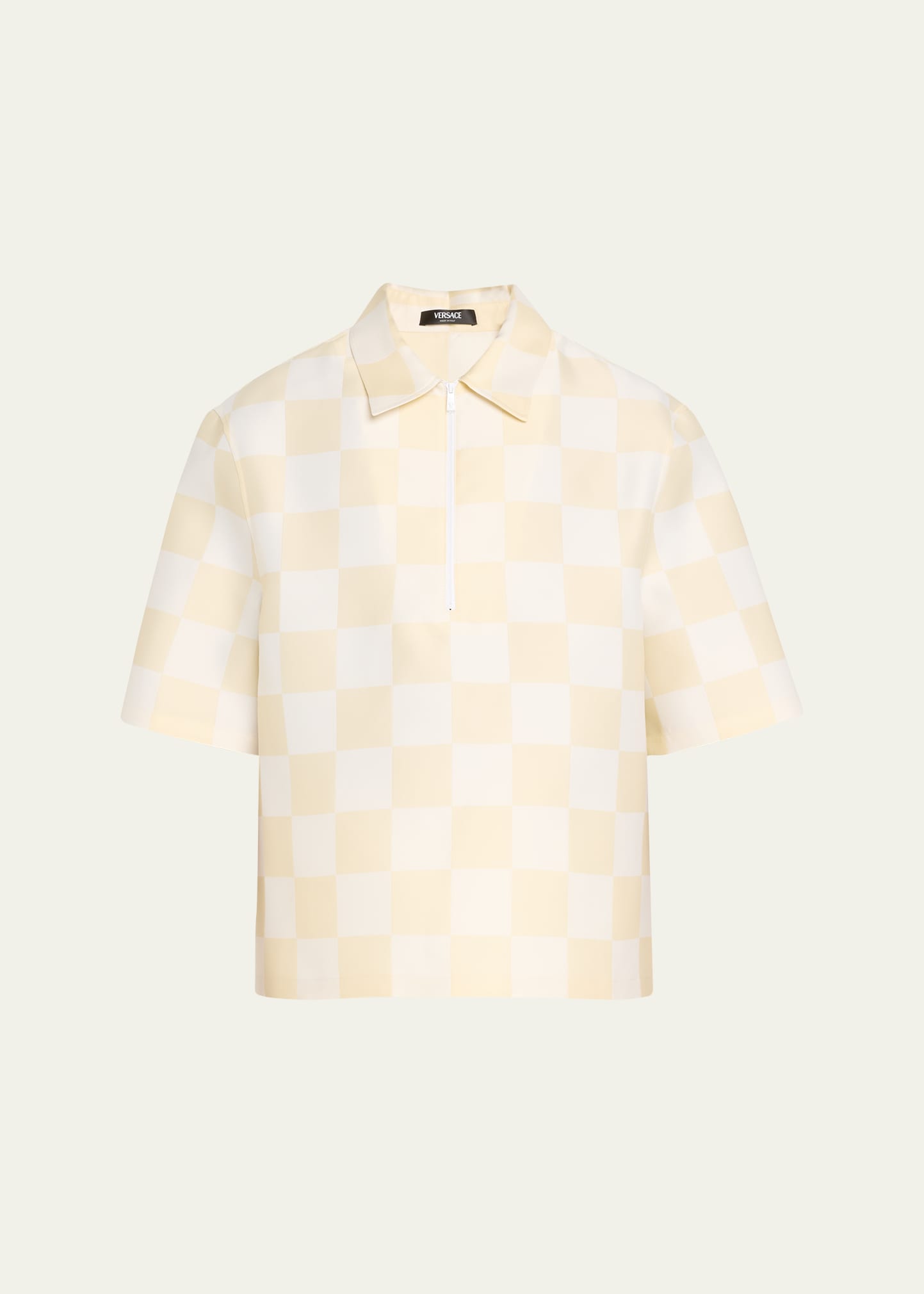 Shop Versace Men's Duchesse Checkerboard Quarter-zip Shirt In Light Sandwhite