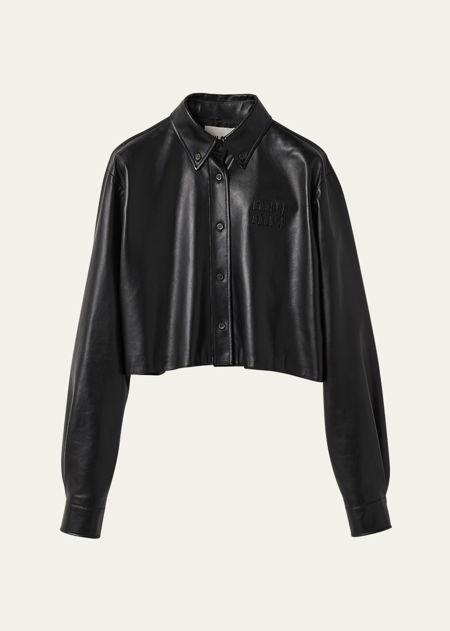Shop Miu Miu Logo Embossed Crop Leather Shirt In F0002 Nero