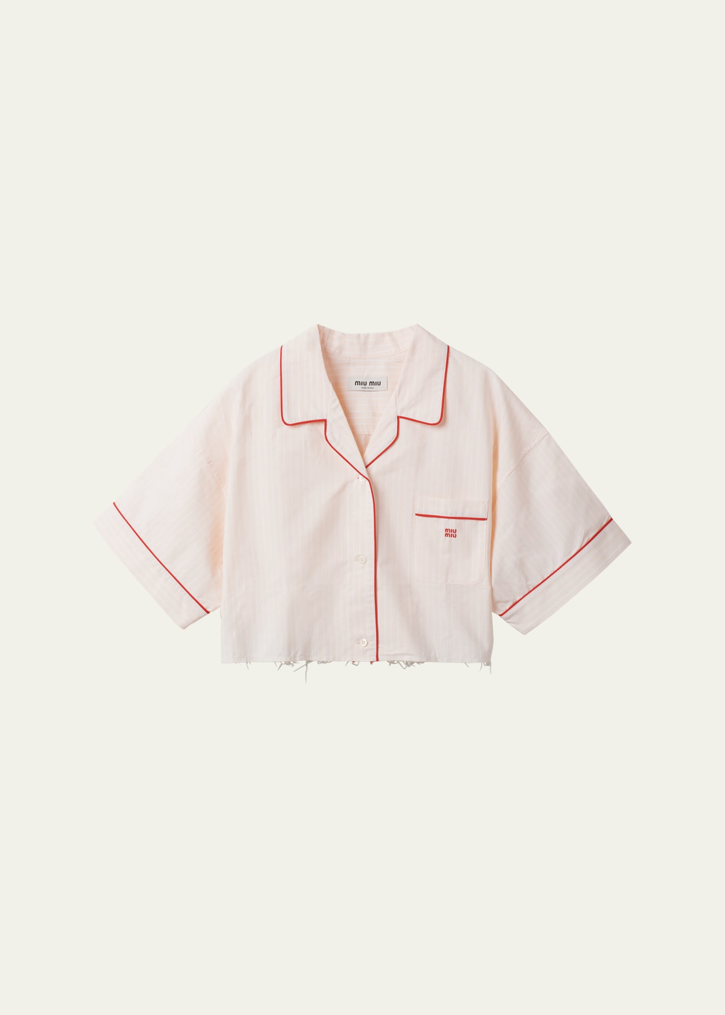 Shop Miu Miu Piped Short-sleeve Cropped Button-front Shirt In F0bhe Pesco Bianc