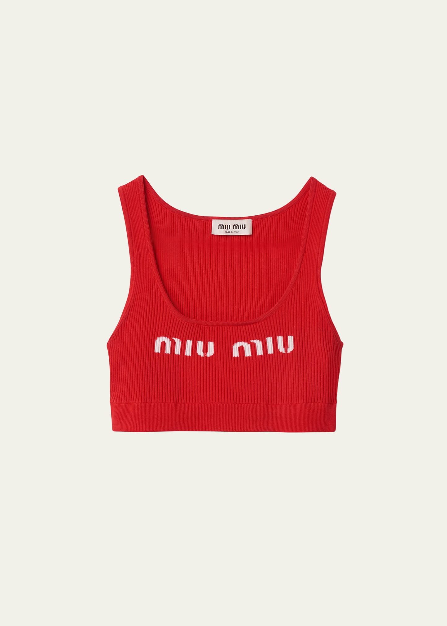 Miu Miu Intarsia Logo Ribbed Cropped Top In F0011 Rosso