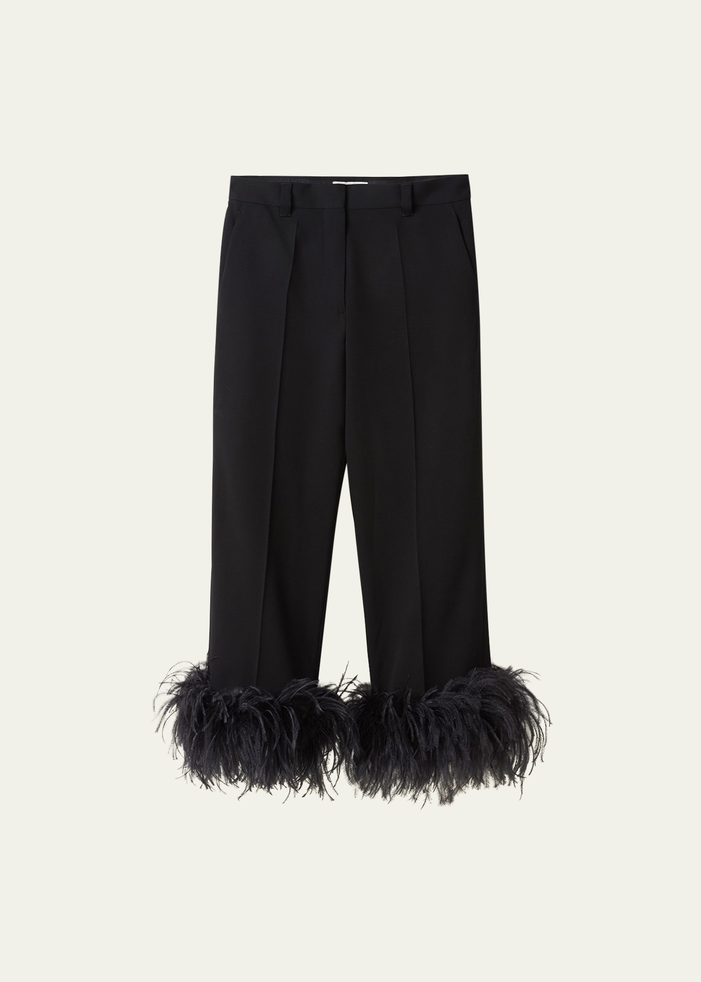 Miu Miu Wool Wide Leg Pants With Feather Trim In Black