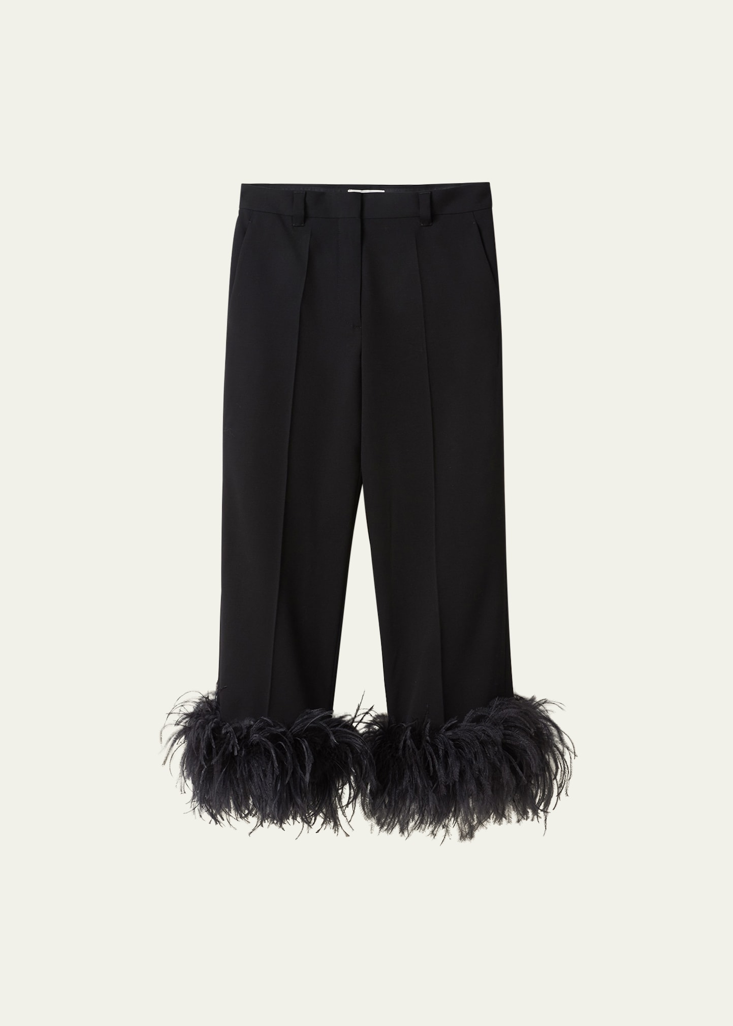 Miu Miu Wool Wide Leg Pants With Feather Trim In F0002 Nero