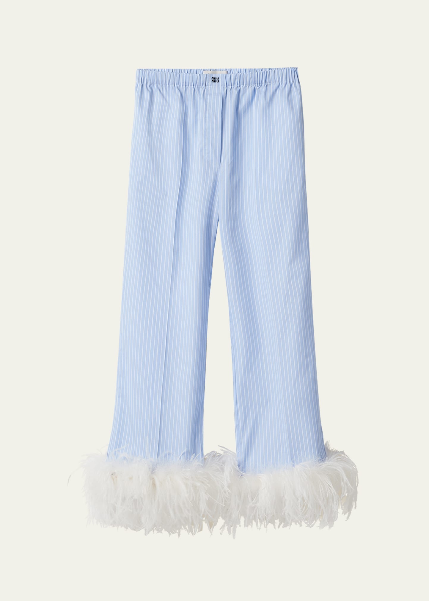 Shop Miu Miu Cotton Pinstripe Feather-trim Pants In F0x24 Cielo Bianc