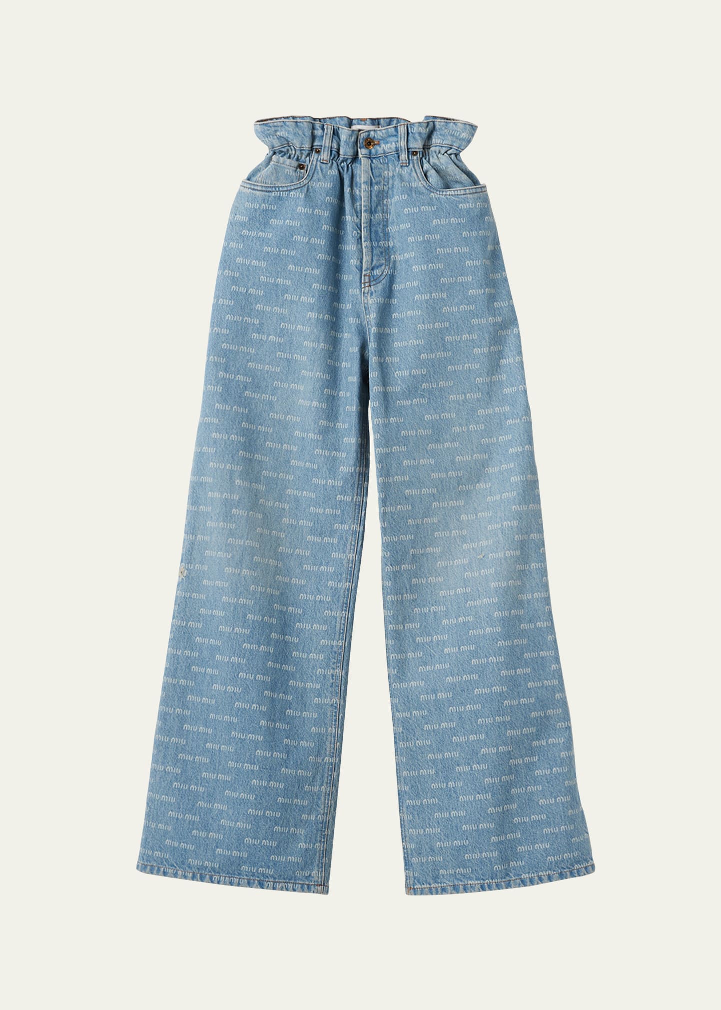 Shop Miu Miu Paperbag Waist Denim Logo Wide-leg Pants In F0013 Azzurro