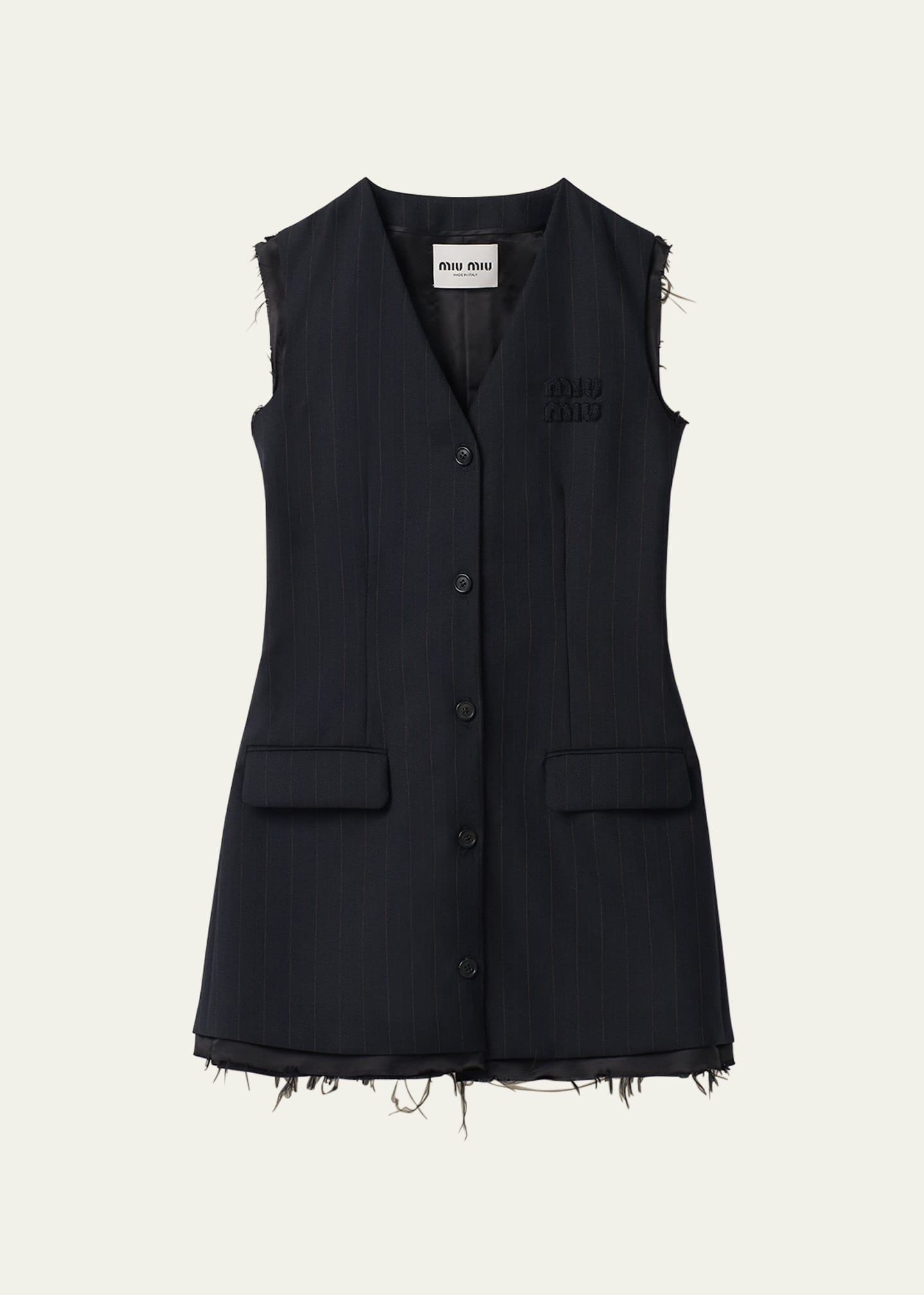 Miu Miu Pinstripe Logo Wool Mini Dress With Raw Edge Trim In