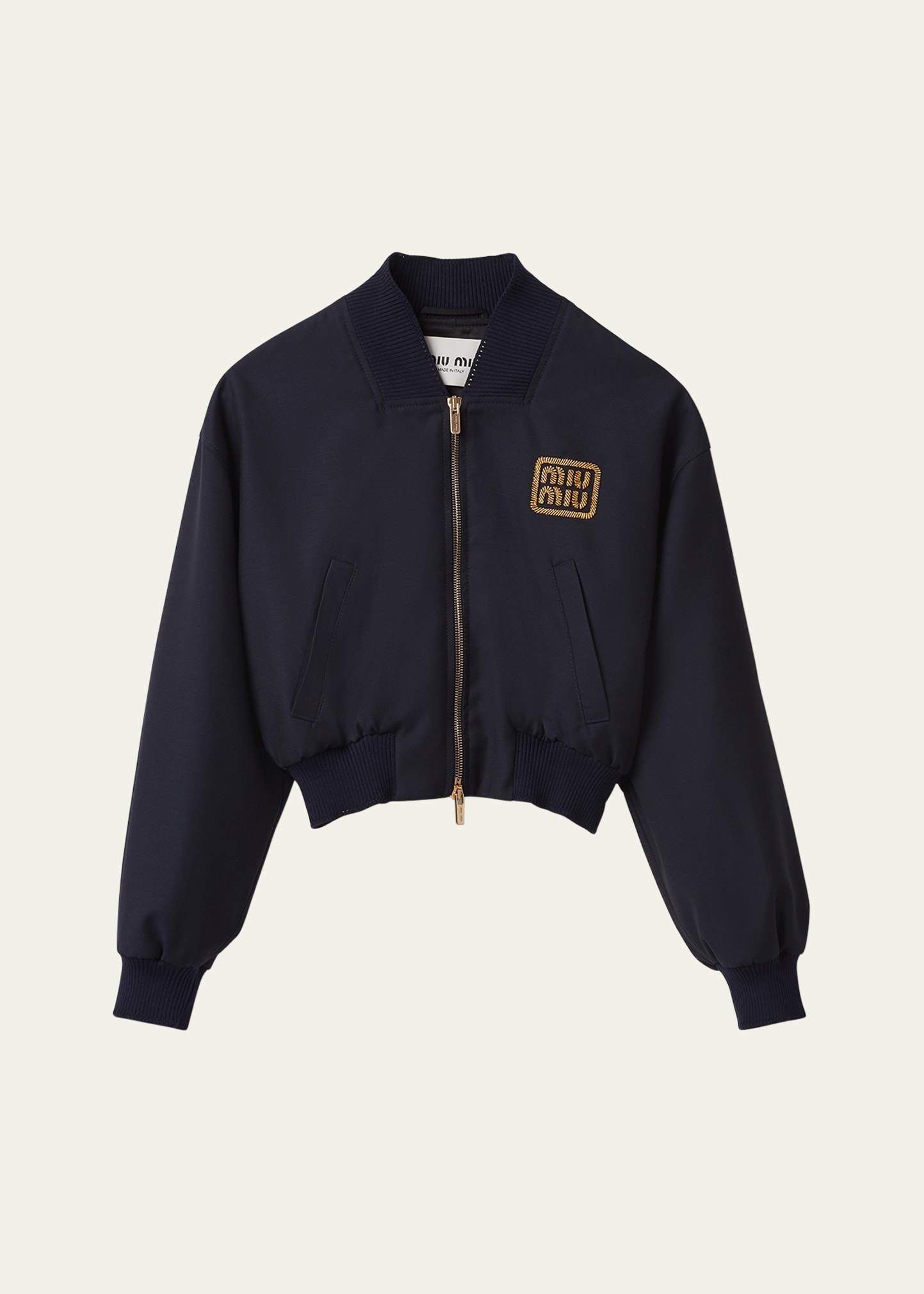 Shop Miu Miu Logo Batavia Cropped Wool Bomber Jacket In F0008 Bleu