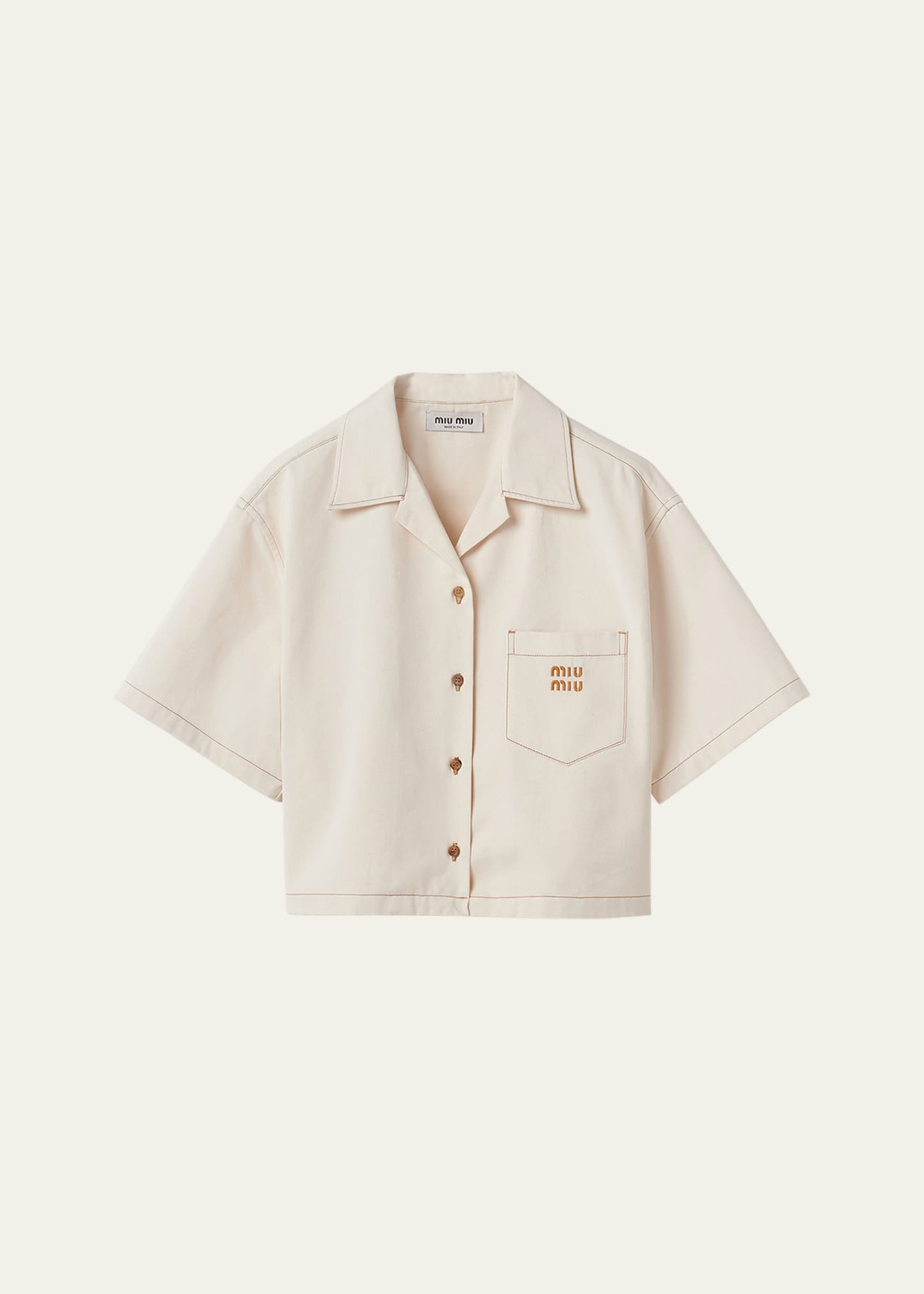 Shop Miu Miu Logo Denim Cropped Button Down Shirt In F0018 Naturale
