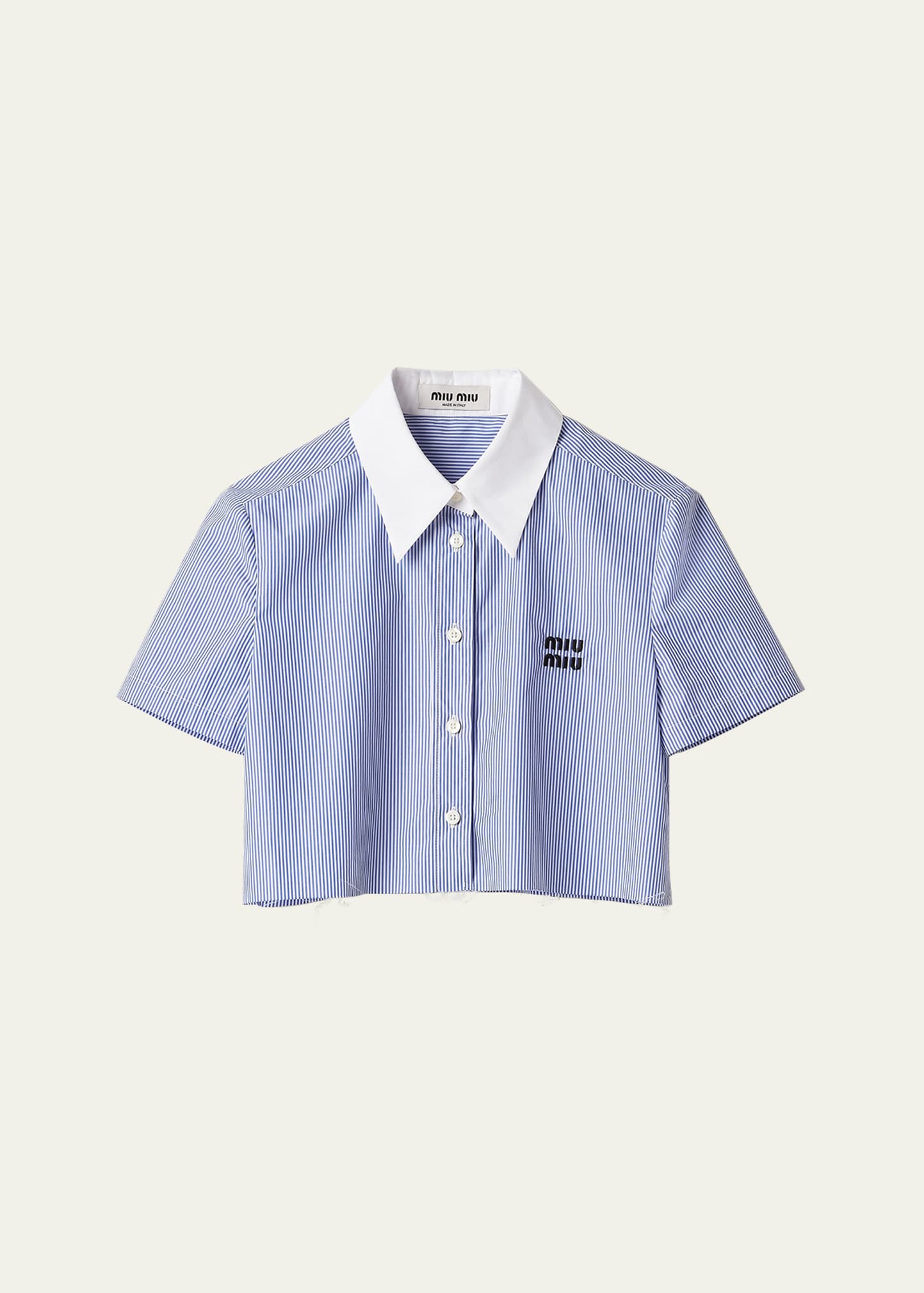 Miu Miu Stripe Logo Raw-cut Cropped Shirt In F0x75 Bianco Perv