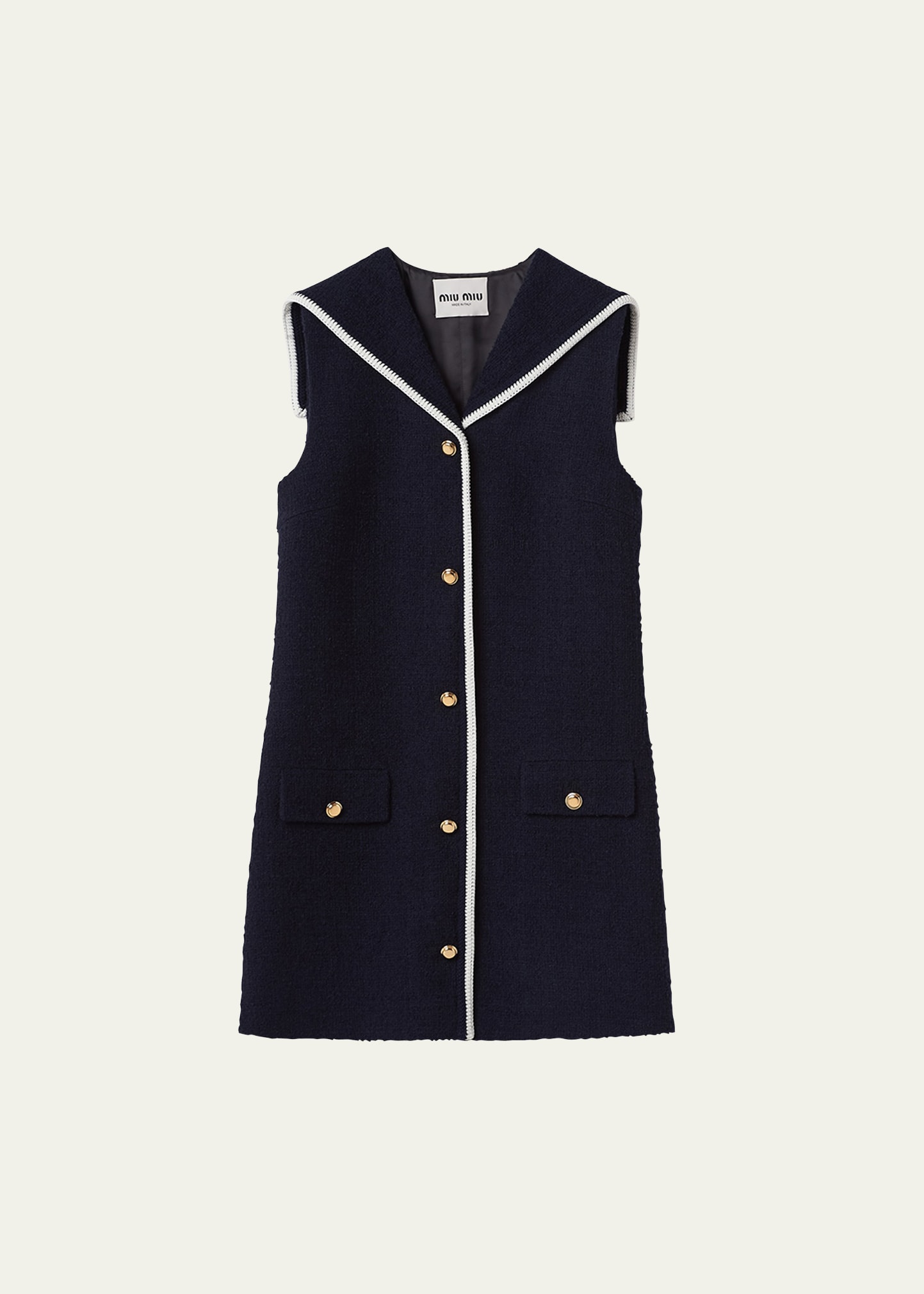 Shop Miu Miu Tweed Sailor Collar Wool Mini Dress With Piping In F0008 Bleu