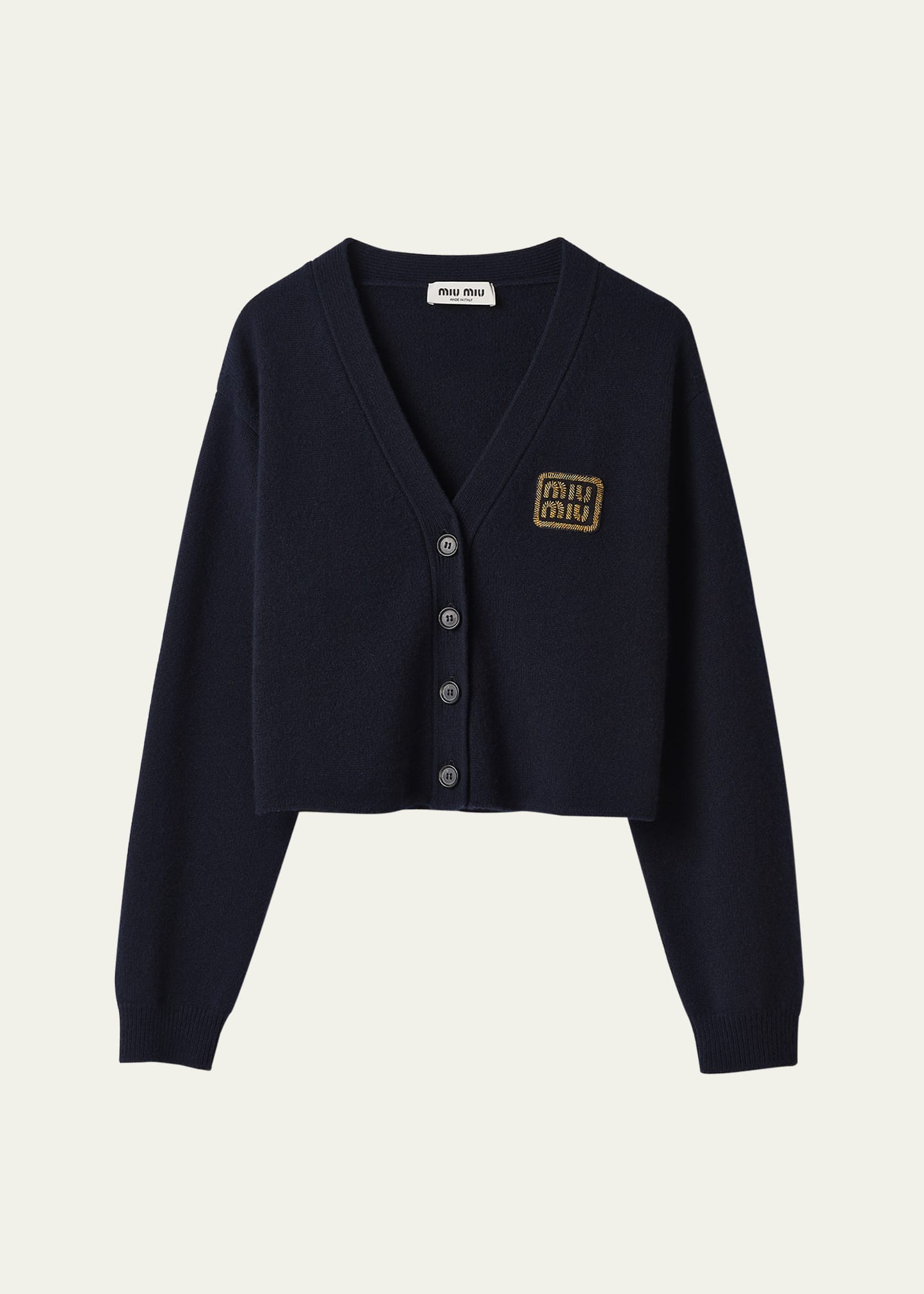 Shop Miu Miu Logo Patch Boxy Cropped Cashmere Cardigan In F0008 Bleu