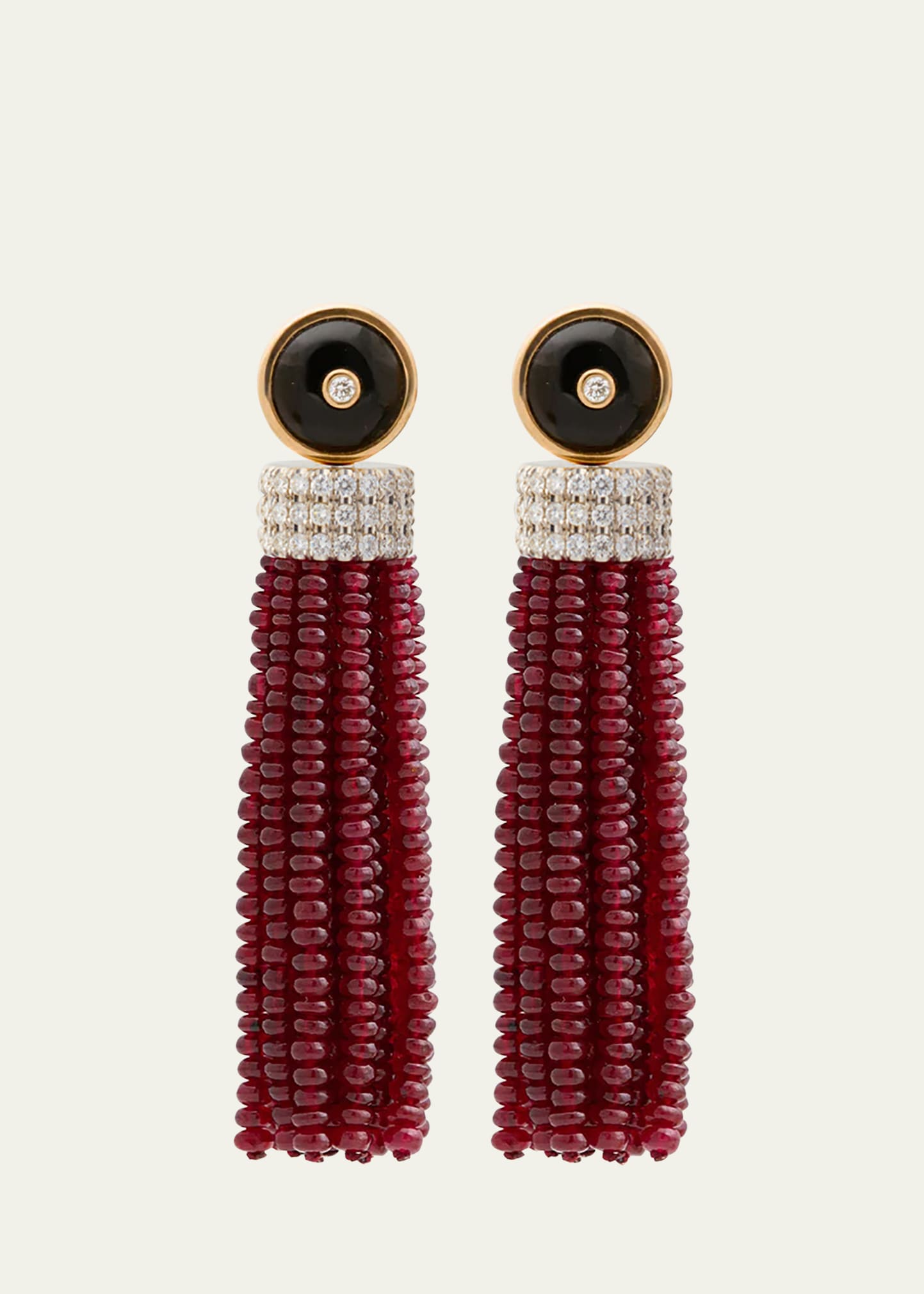 Sherman Field, 1967 18k Yellow Gold Tassel Ruby Earrings With Onyx And Diamond Studs