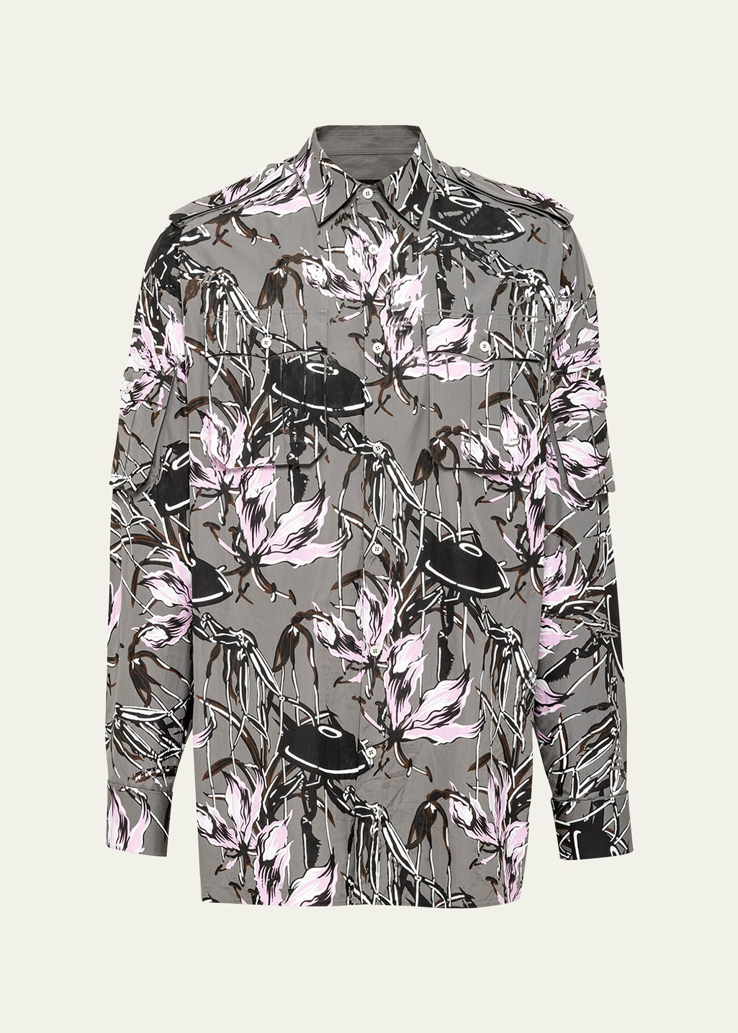 Shop Prada Men's Ufo Floral Poplin Sport Shirt In Ferro Rosa